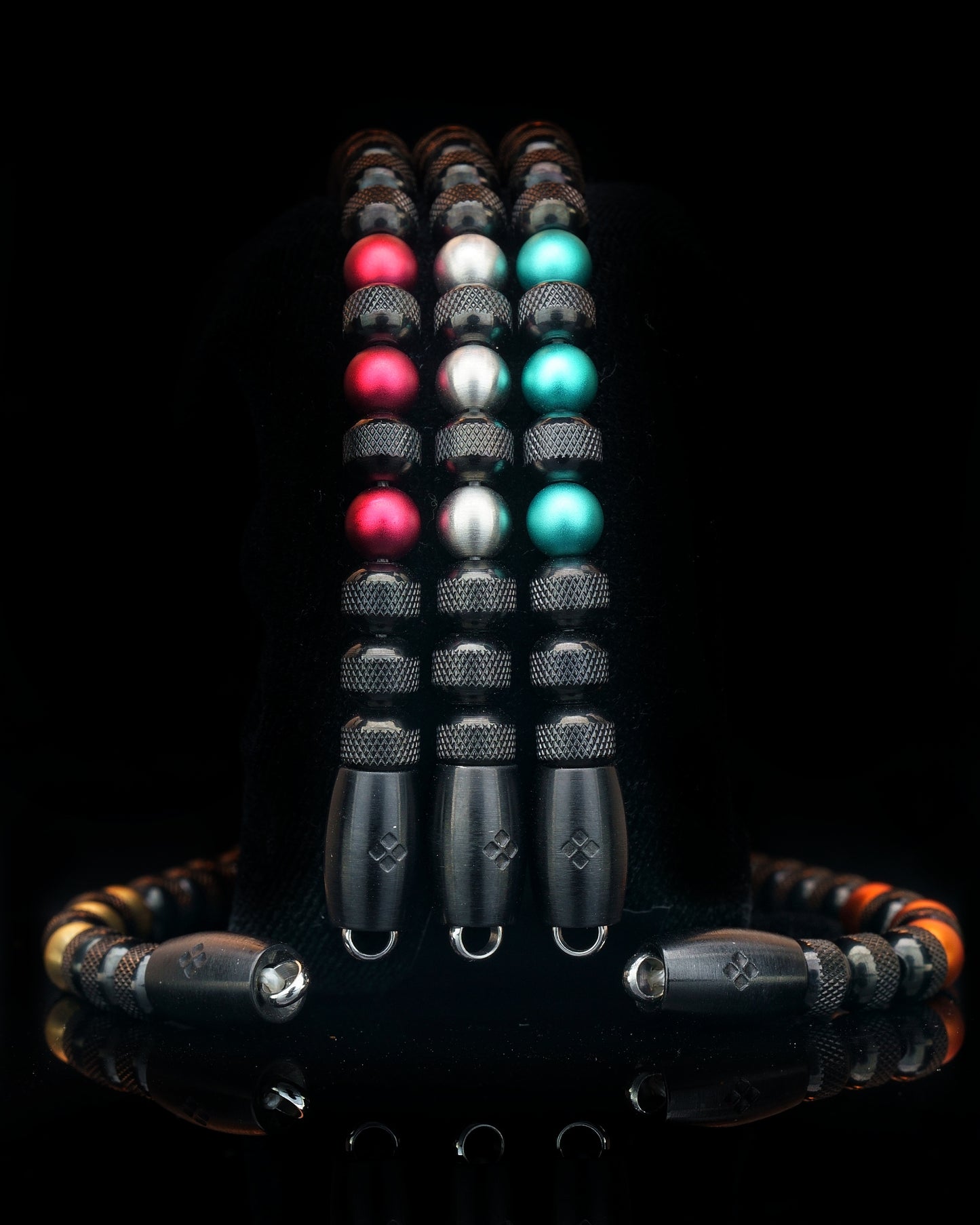 BLACK MAMBA BRACELET⬩ RUDRAKSHA TEXTURE⬩ RED GARNET ANODIZED ALUMINUM THREE DOTS