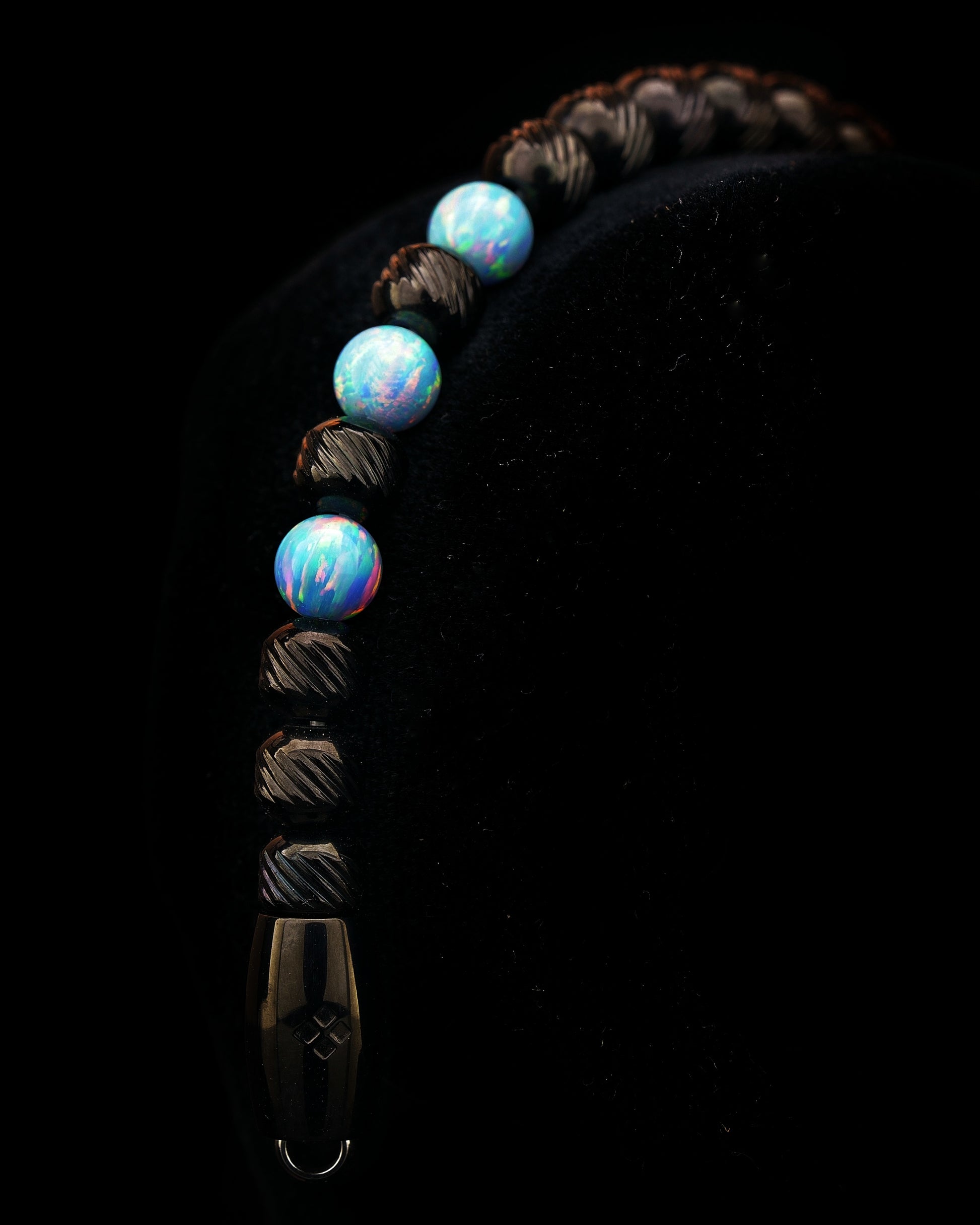 Stainless steel bracelet with genuine, sky blue three dots gemstones, Black oblique texture. different kind of closures, clasps 5/6mm, playable for men and women. Mudra chain classic every day jewelry.