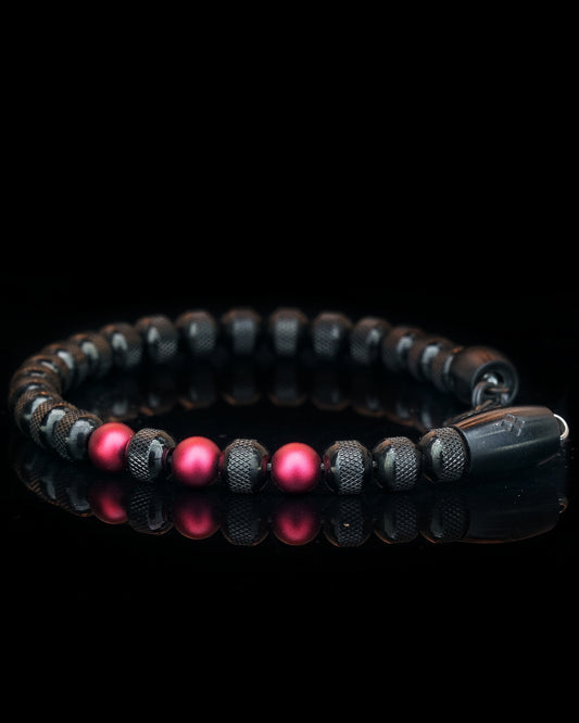 BLACK MAMBA BRACELET⬩ RUDRAKSHA TEXTURE⬩ RED GARNET ANODIZED ALUMINUM THREE DOTS