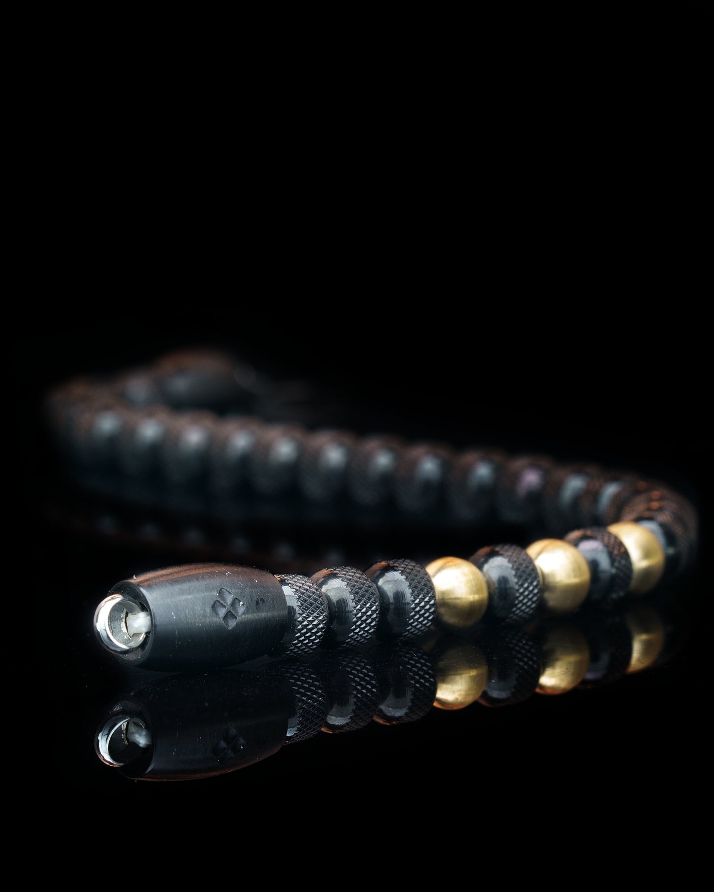 BLACK MAMBA BRACELET⬩ RUDRAKSHA TEXTURE STEEL⬩ 24K GOLD THREE DOTS