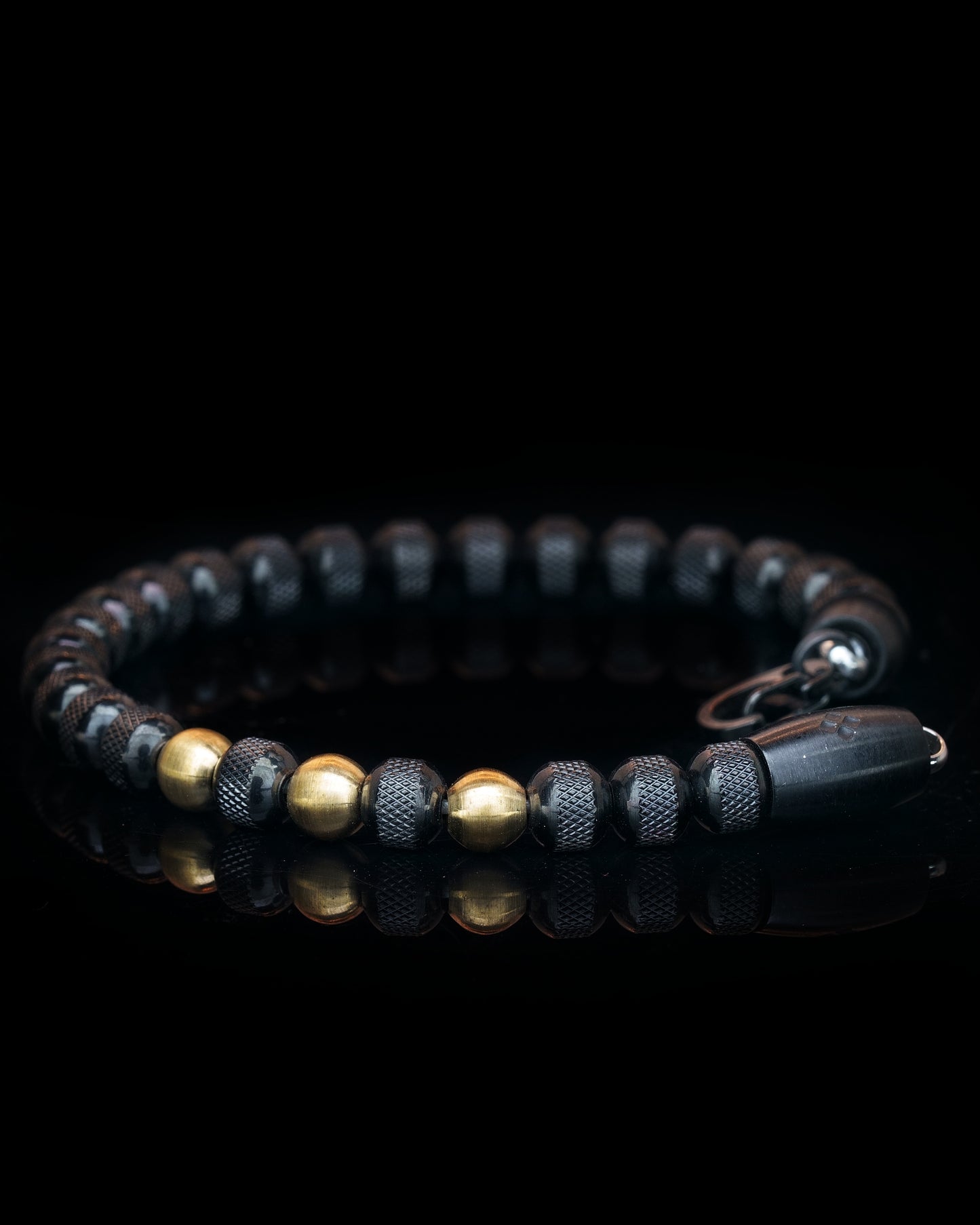 BLACK MAMBA BRACELET⬩ RUDRAKSHA TEXTURE STEEL⬩ 24K GOLD THREE DOTS