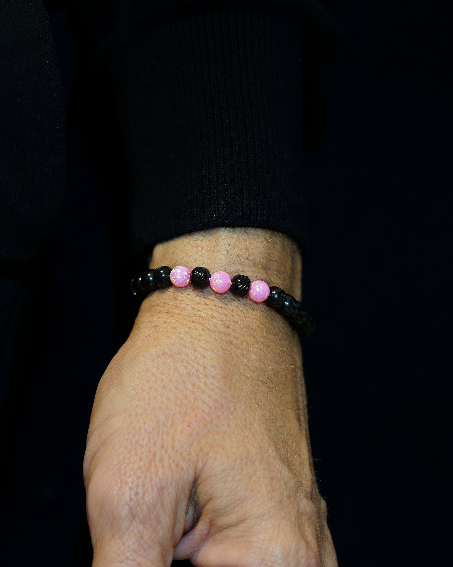 BLACK MAMBA BRACELET⬩ OBLIQUE TEXTURE⬩ SILKY-PINK OPAL THREE DOTS