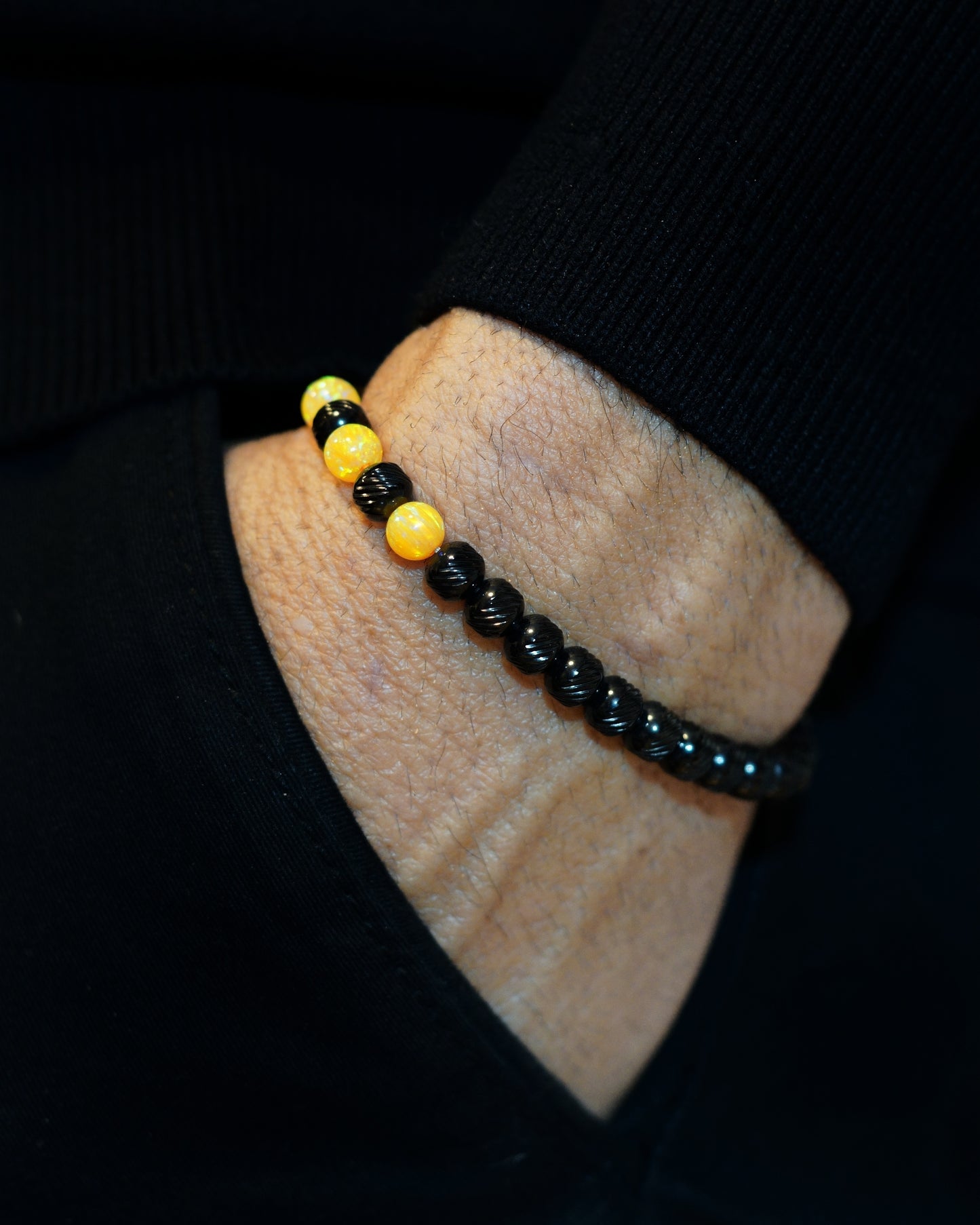 BLACK MAMBA BRACELET⬩ OBLIQUE TEXTURE⬩ SUNNY-YELLOW OPAL THREE DOTS