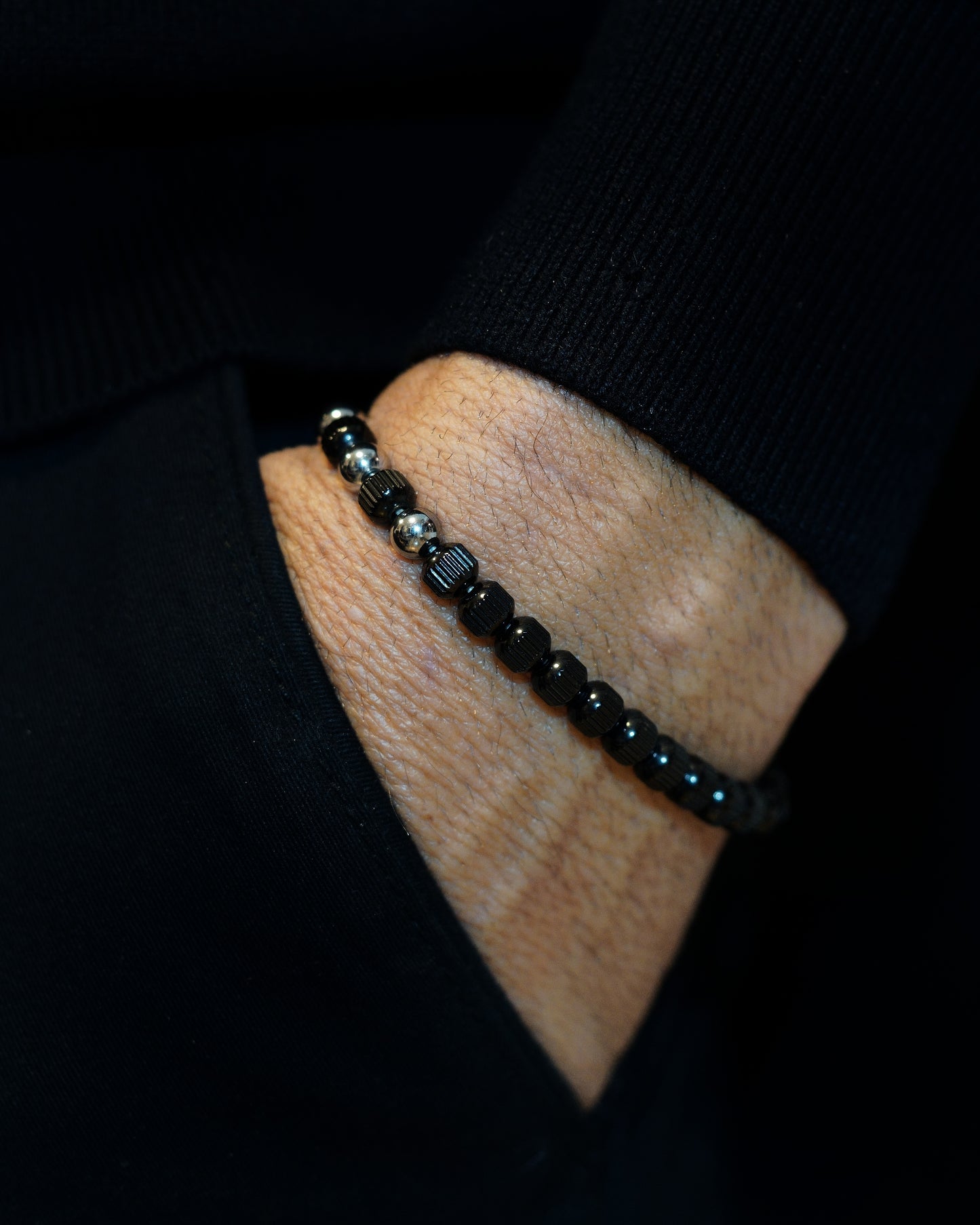 MUDRA BRACELET | BLACK LINED STEEL BEADS | STEEL THREE DOTS