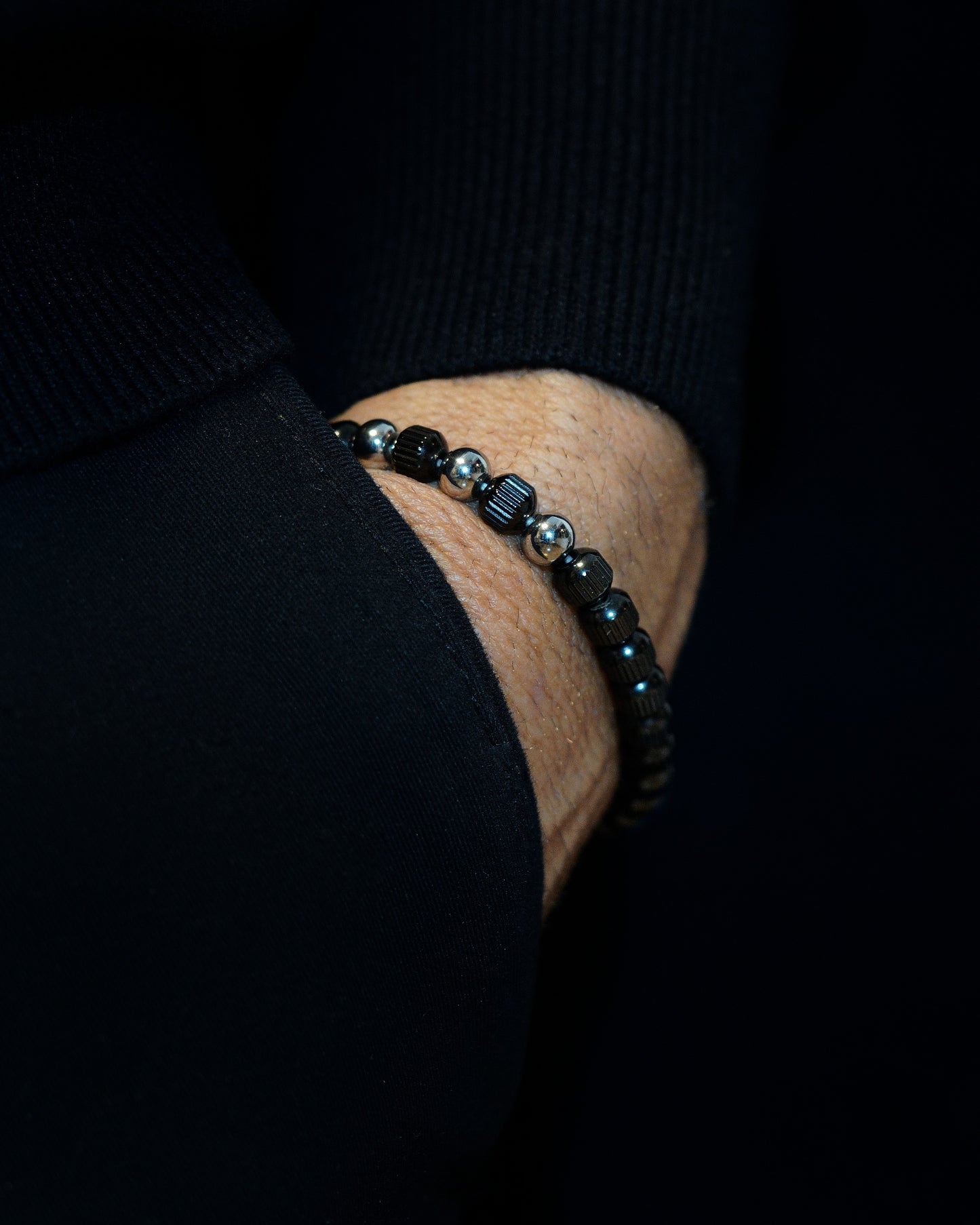 MUDRA BRACELET | BLACK LINED STEEL BEADS | STEEL THREE DOTS