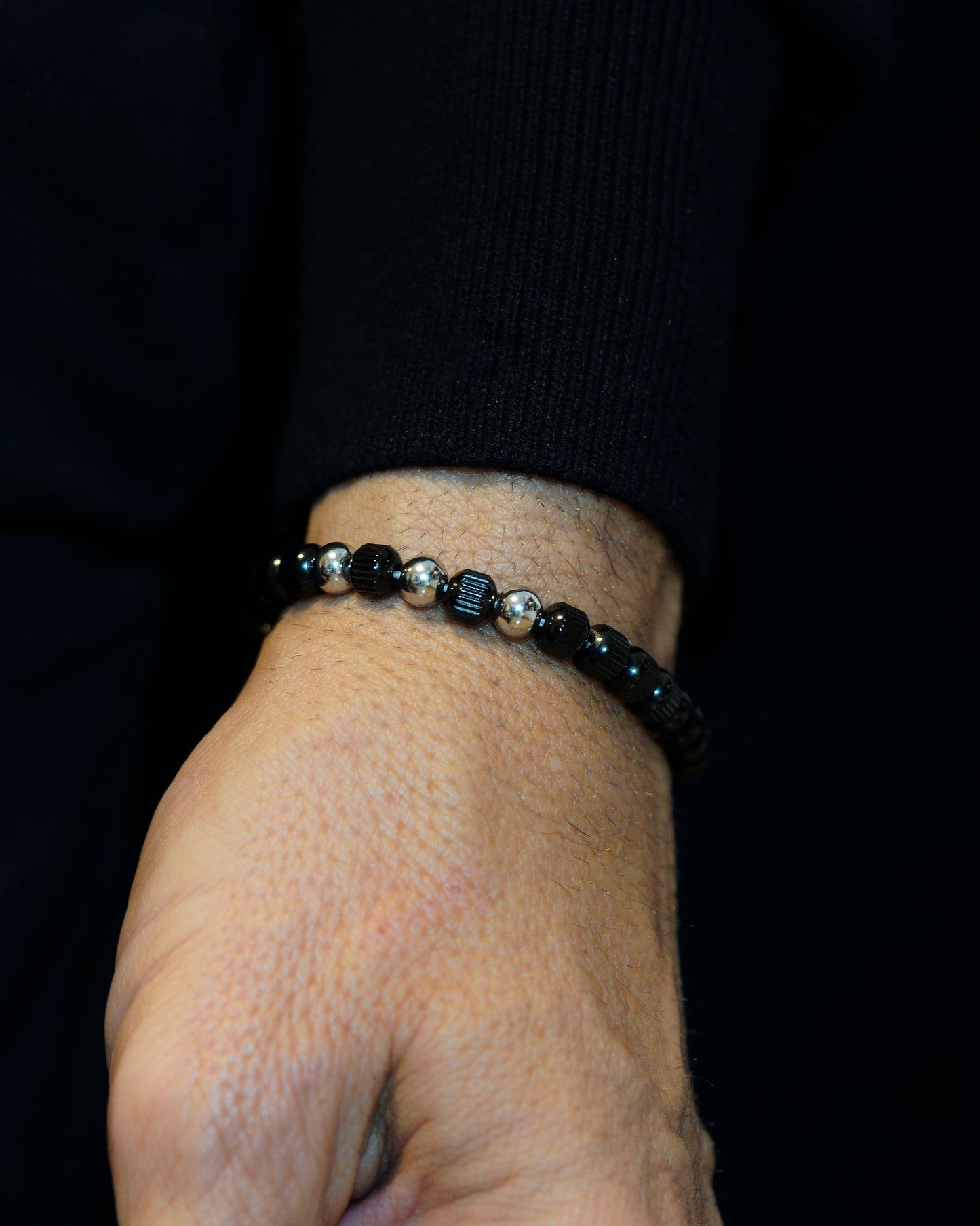 MUDRA BRACELET | BLACK LINED STEEL BEADS | STEEL THREE DOTS