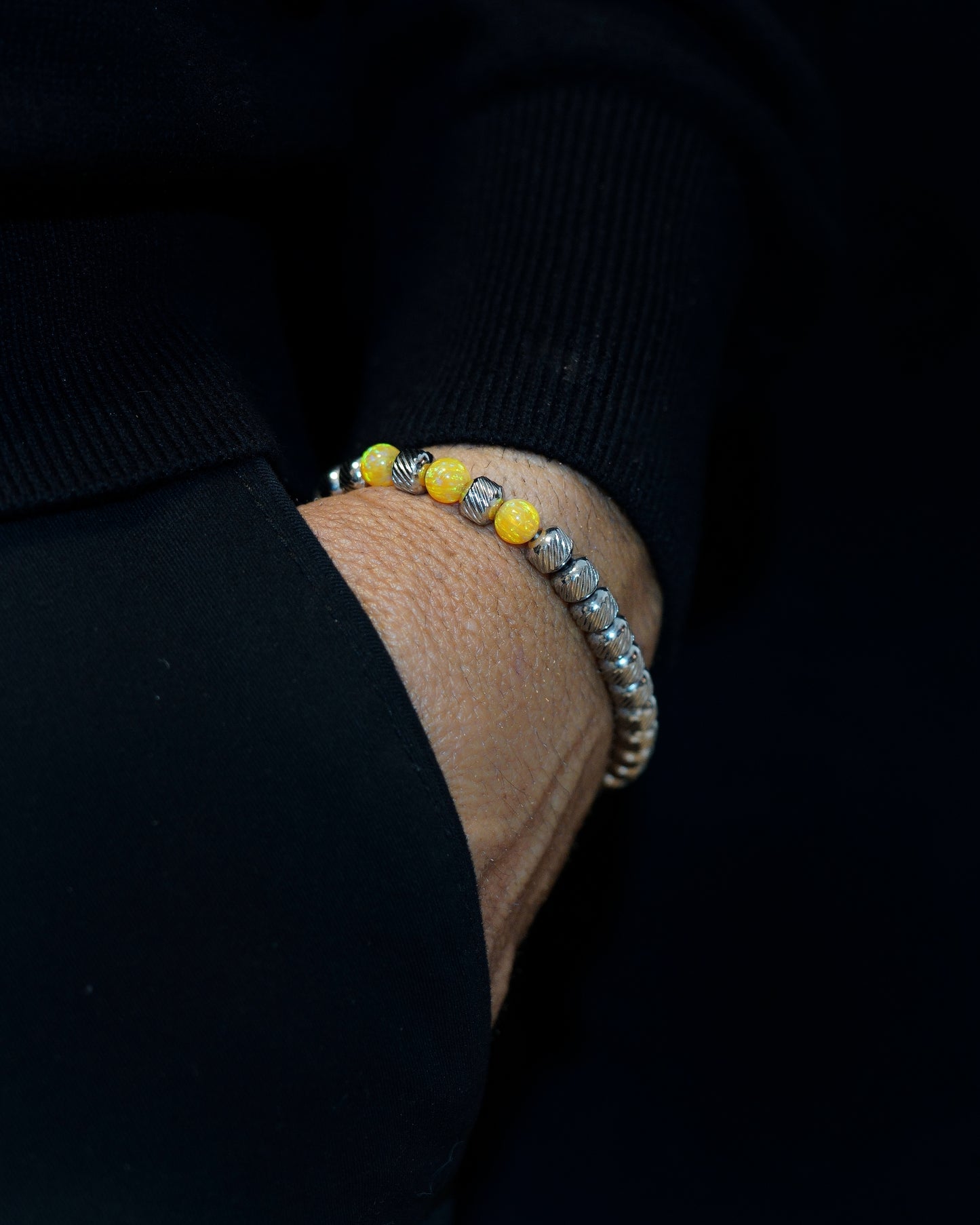 SILVER MAMBA BRACELET⬩ OBLIQUE TEXTURE⬩ SUNNY-YELLOW OPAL THREE DOTS