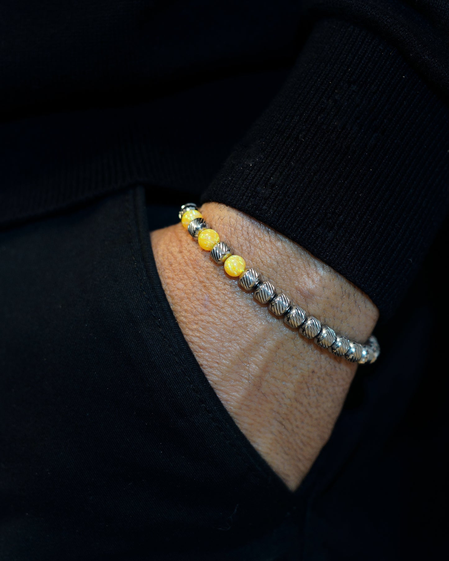 SILVER MAMBA BRACELET⬩ OBLIQUE TEXTURE⬩ SUNNY-YELLOW OPAL THREE DOTS