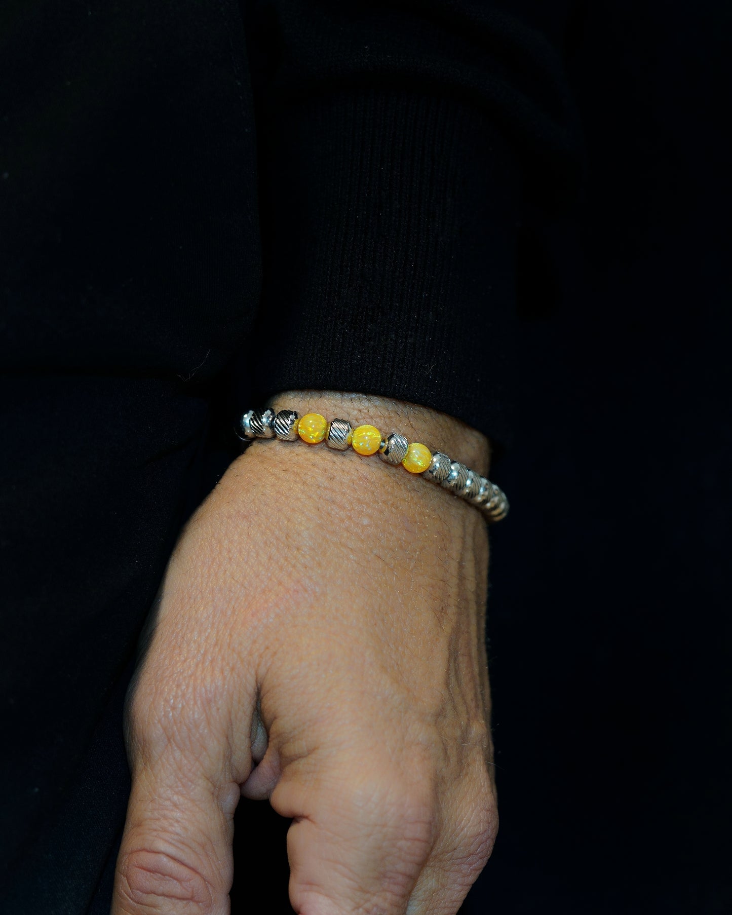 SILVER MAMBA BRACELET⬩ OBLIQUE TEXTURE⬩ SUNNY-YELLOW OPAL THREE DOTS