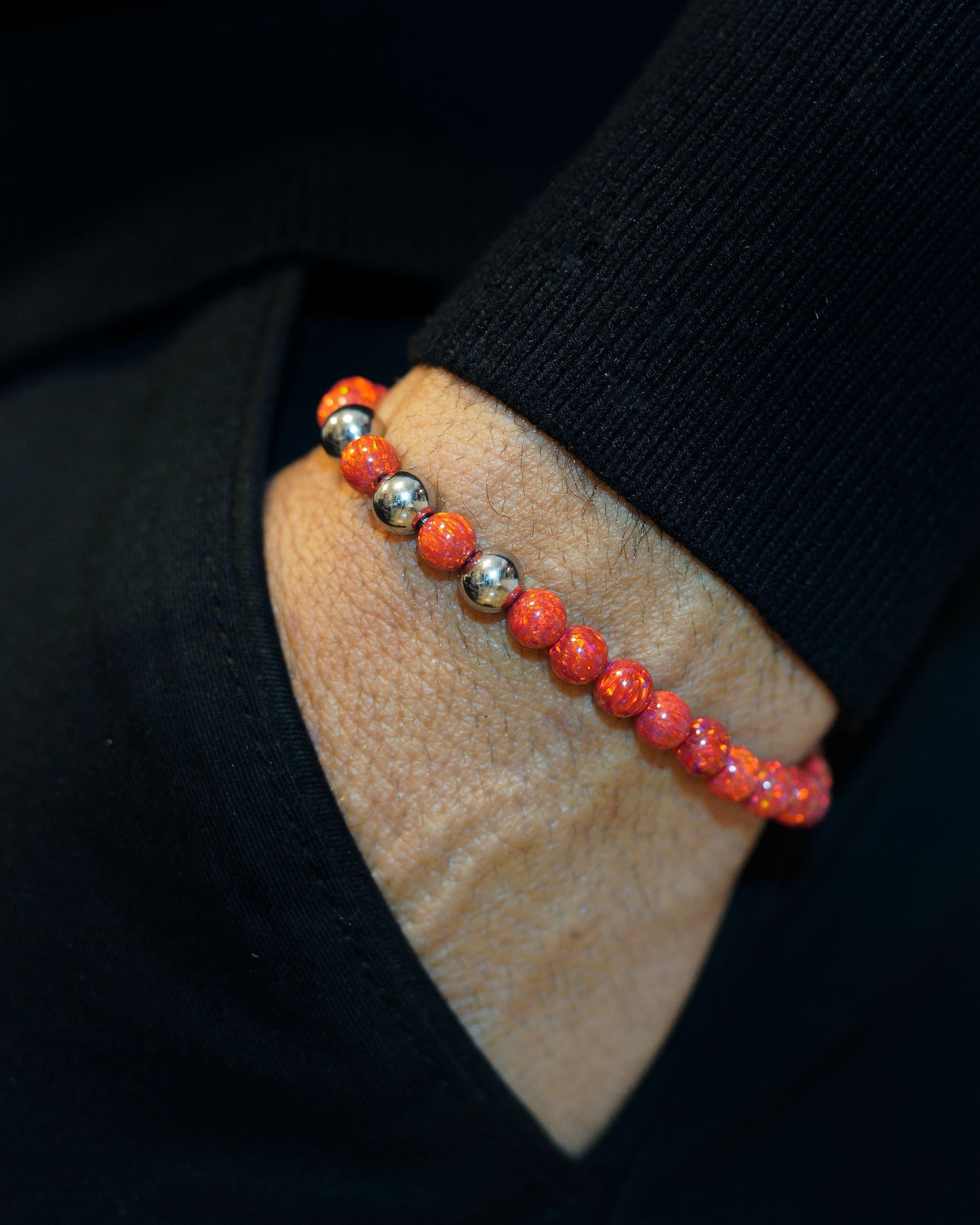 RED MAMBA BRACELET | RED OPAL BEADS |  SILVER STEEL 3 DOTS | 6MM