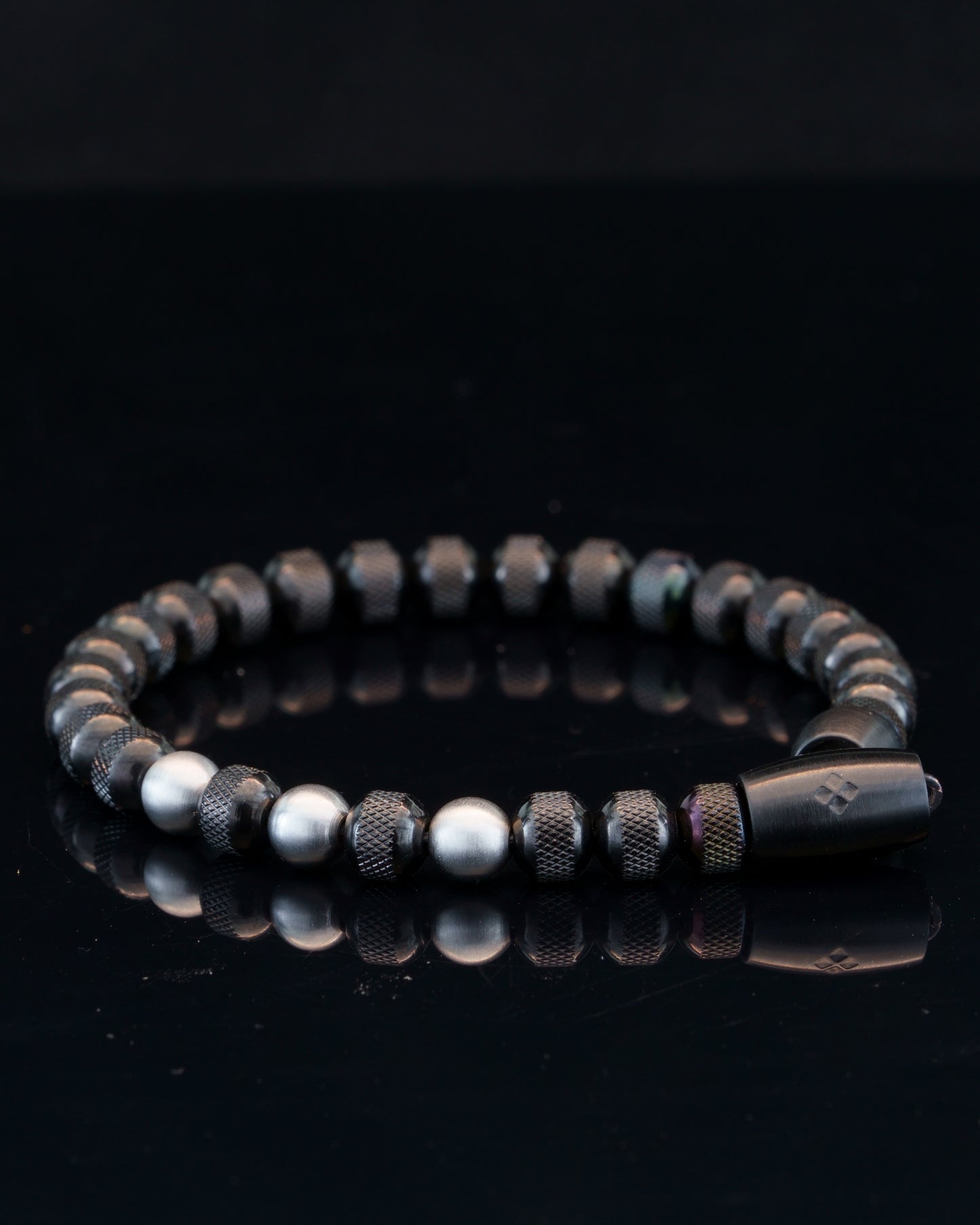 MUDRA BRACELET | BLACK RUDRAKSHA STEEL | SILVER MATTE GEM | 6MM