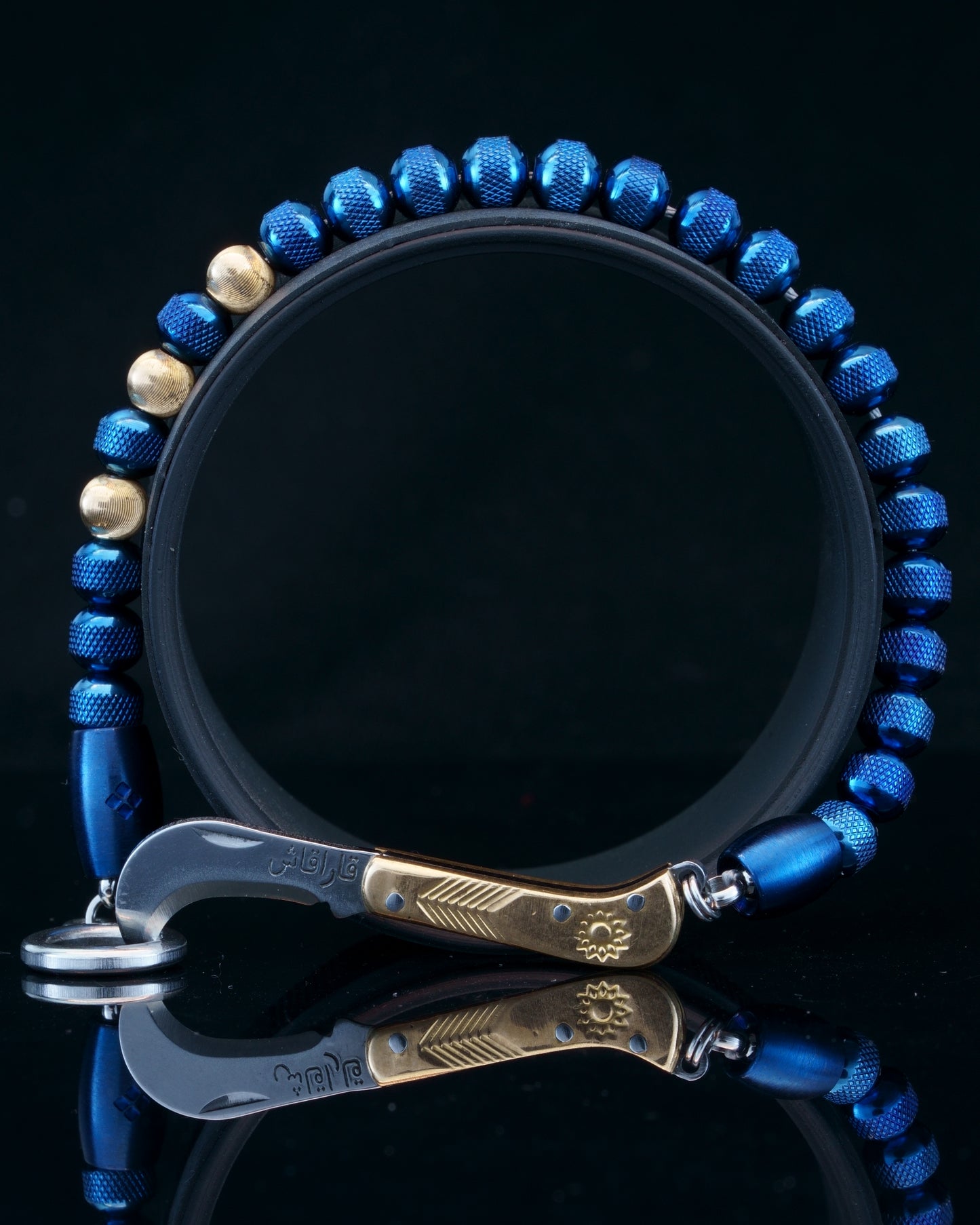 BLUE MAMBA MUDRA BRACELET | BLUE RUDRAKSHA STEEL | 18K GOLD CATEYE GEM | 6MM | SIKH CLOSURE