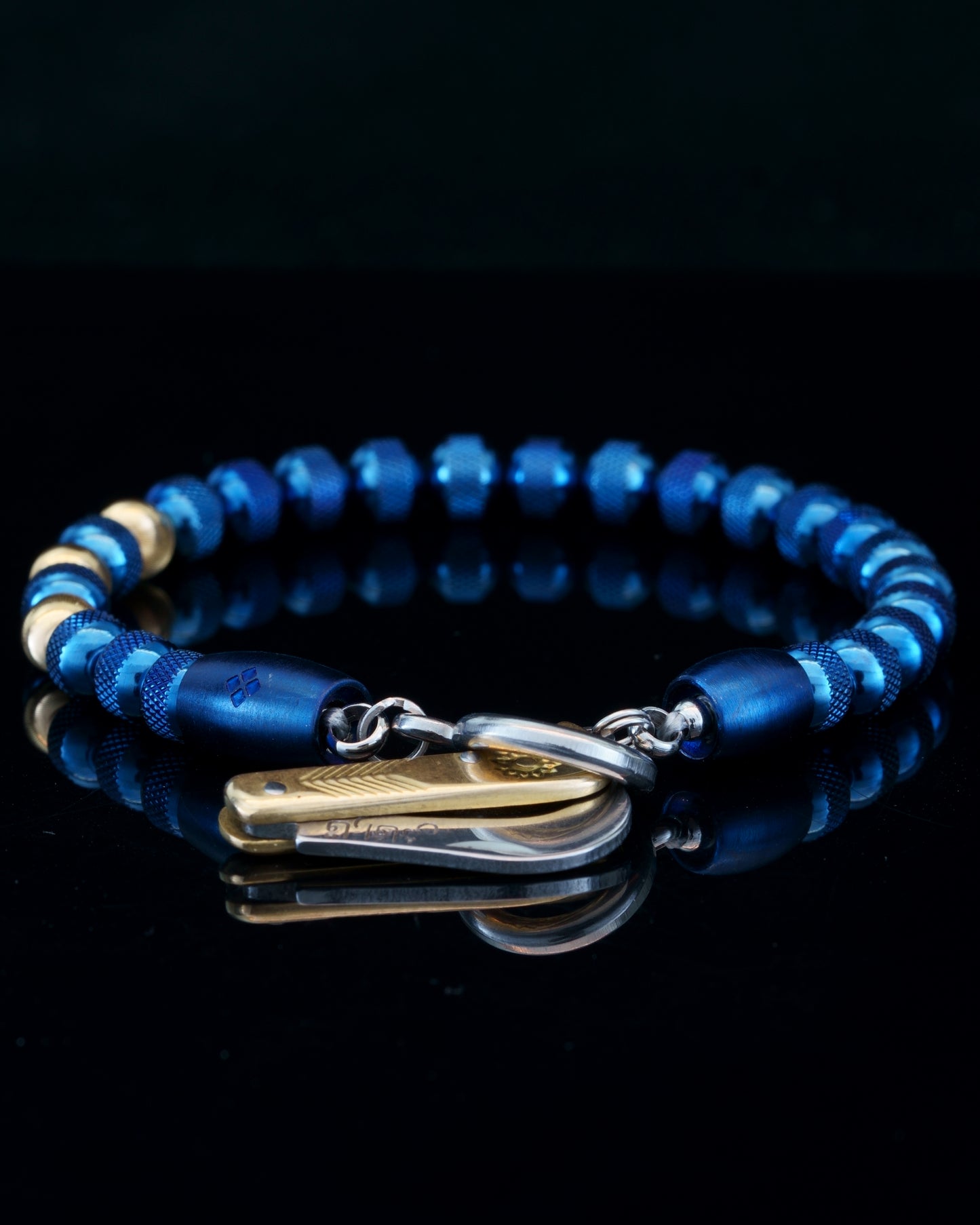 BLUE MAMBA MUDRA BRACELET | BLUE RUDRAKSHA STEEL | 18K GOLD CATEYE GEM | 6MM | SIKH CLOSURE