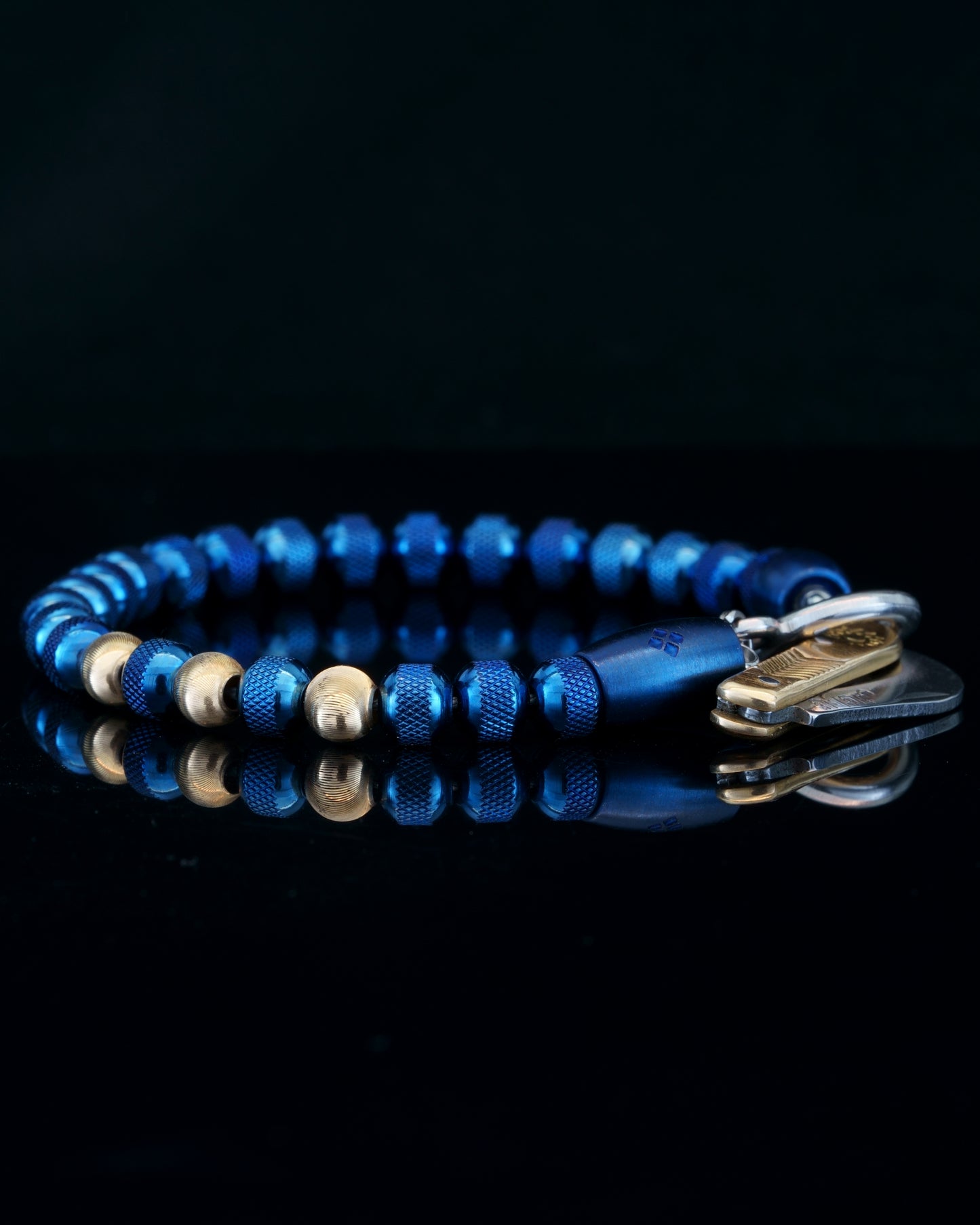 BLUE MAMBA MUDRA BRACELET | BLUE RUDRAKSHA STEEL | 18K GOLD CATEYE GEM | 6MM | SIKH CLOSURE