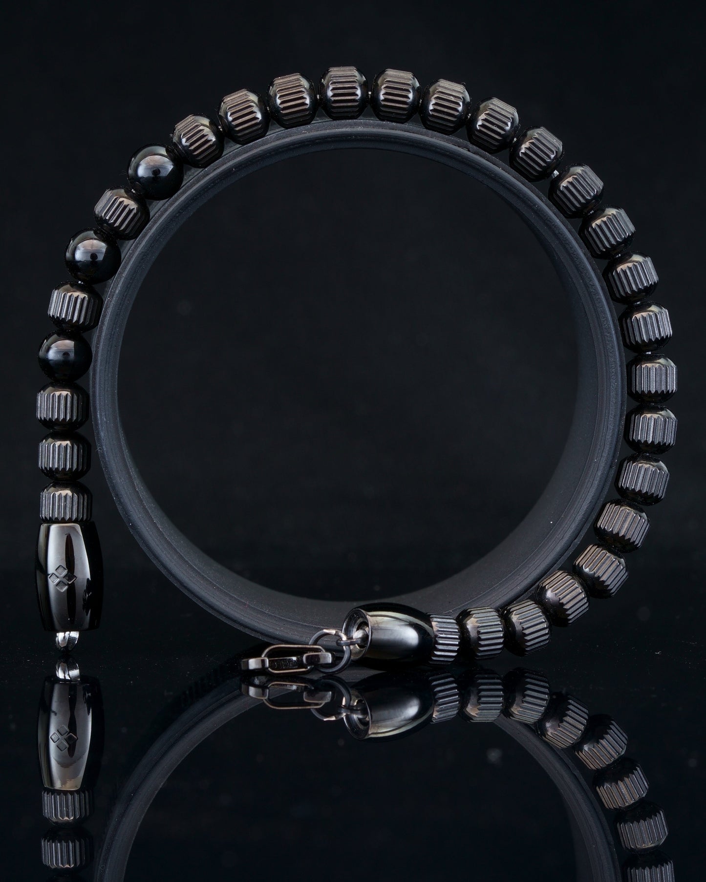 BLACK MAMBA MUDRA BRACELET | BLACK LINED STEEL GEMS |  TOURMALINE THREE DOTS