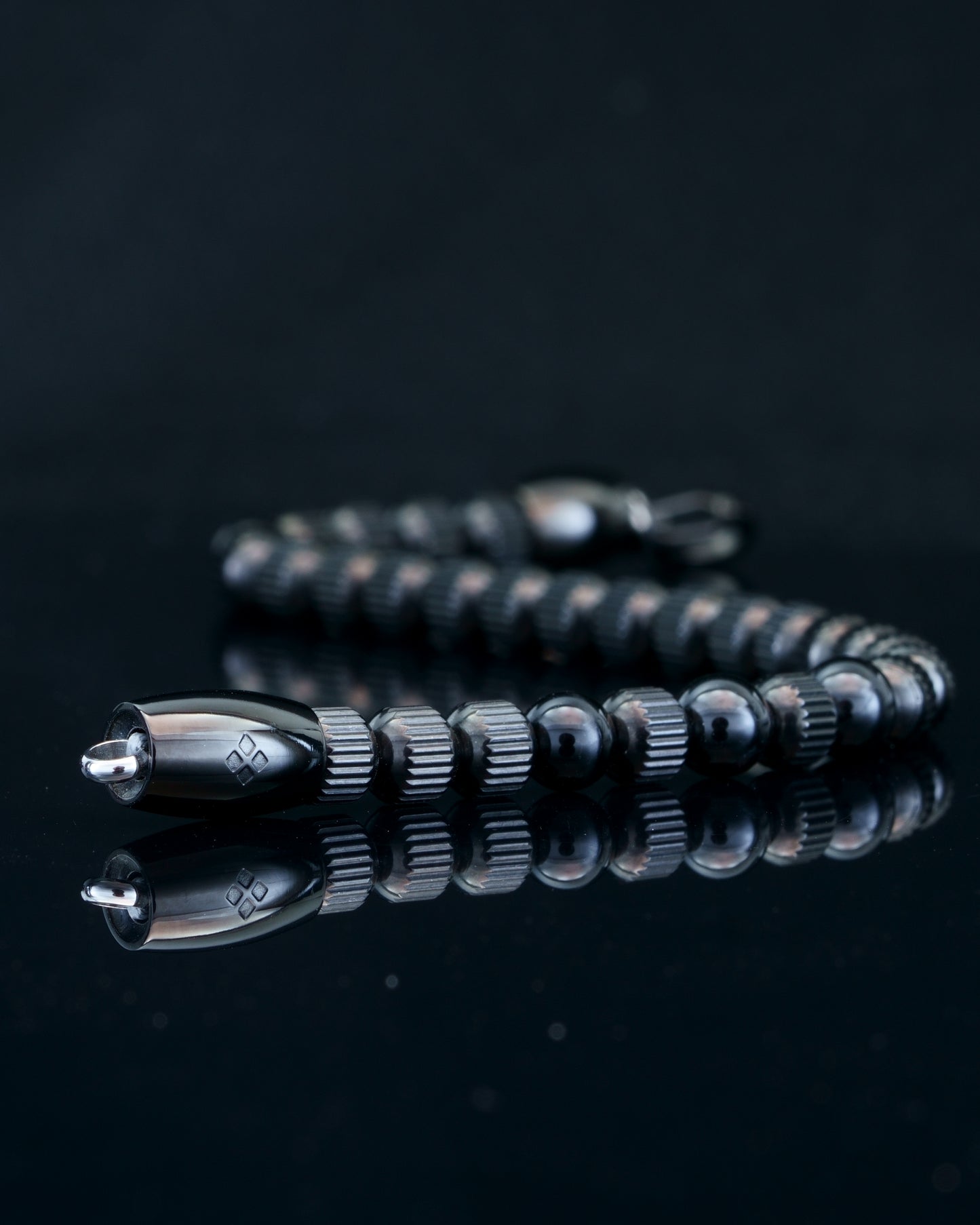 BLACK MAMBA MUDRA BRACELET | BLACK LINED STEEL GEMS |  TOURMALINE THREE DOTS