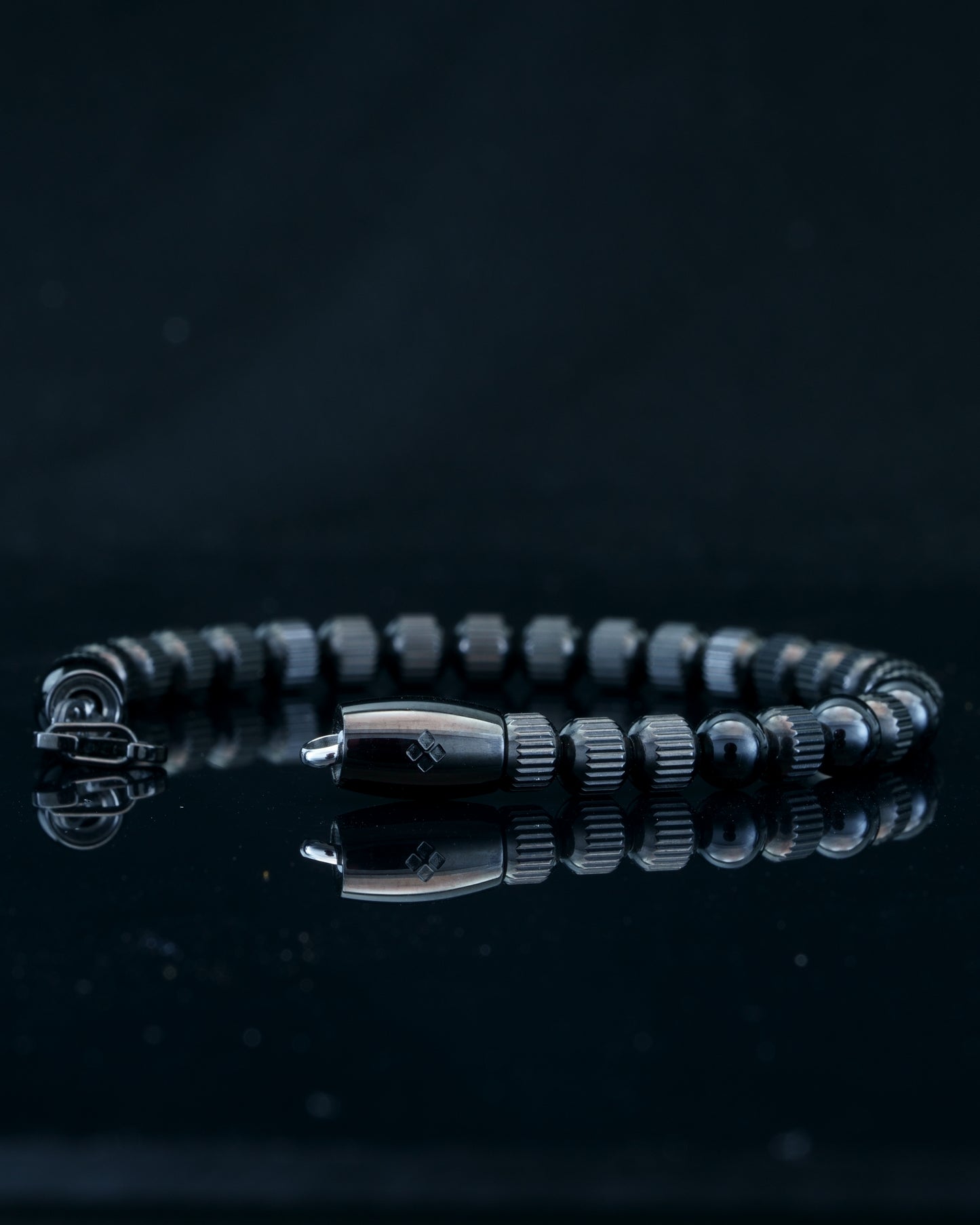 BLACK MAMBA MUDRA BRACELET | BLACK LINED STEEL GEMS |  TOURMALINE THREE DOTS