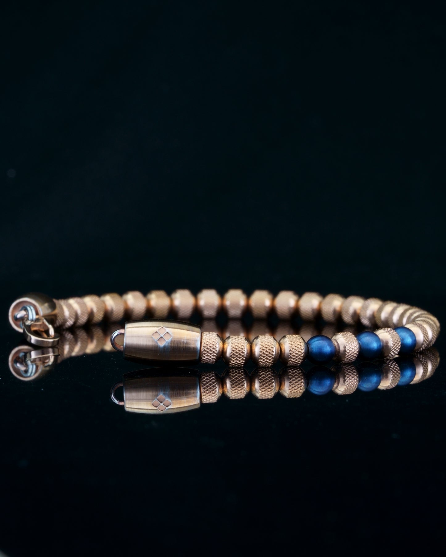MUDRA BRACELET | ROSE GOLD RUDRAKSHA STEEL | BLUE MATTE GEM | 5MM