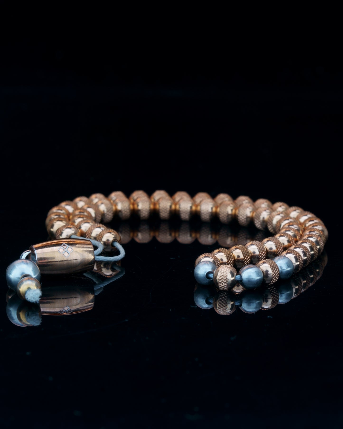 ROYAL 55 BEADS MUDRA CHAIN | ROSE GOLD RUDRAKSHA STEEL | SILVER MATTE GEM | 5MM | 32GR