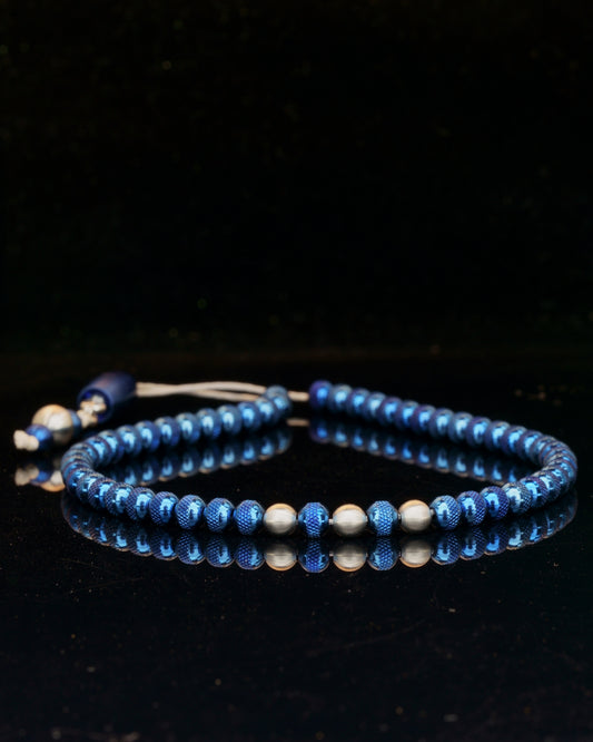 ROYAL 55 BEADS MUDRA CHAIN | BLUE RUDRAKSHA STEEL | SILVER MATTE GEM | 5MM | 32GR