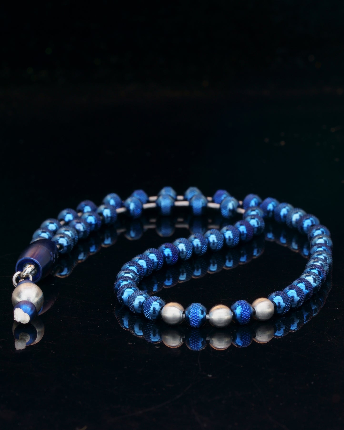 ROYAL 55 BEADS MUDRA CHAIN | BLUE RUDRAKSHA STEEL | SILVER MATTE GEM | 5MM | 32GR