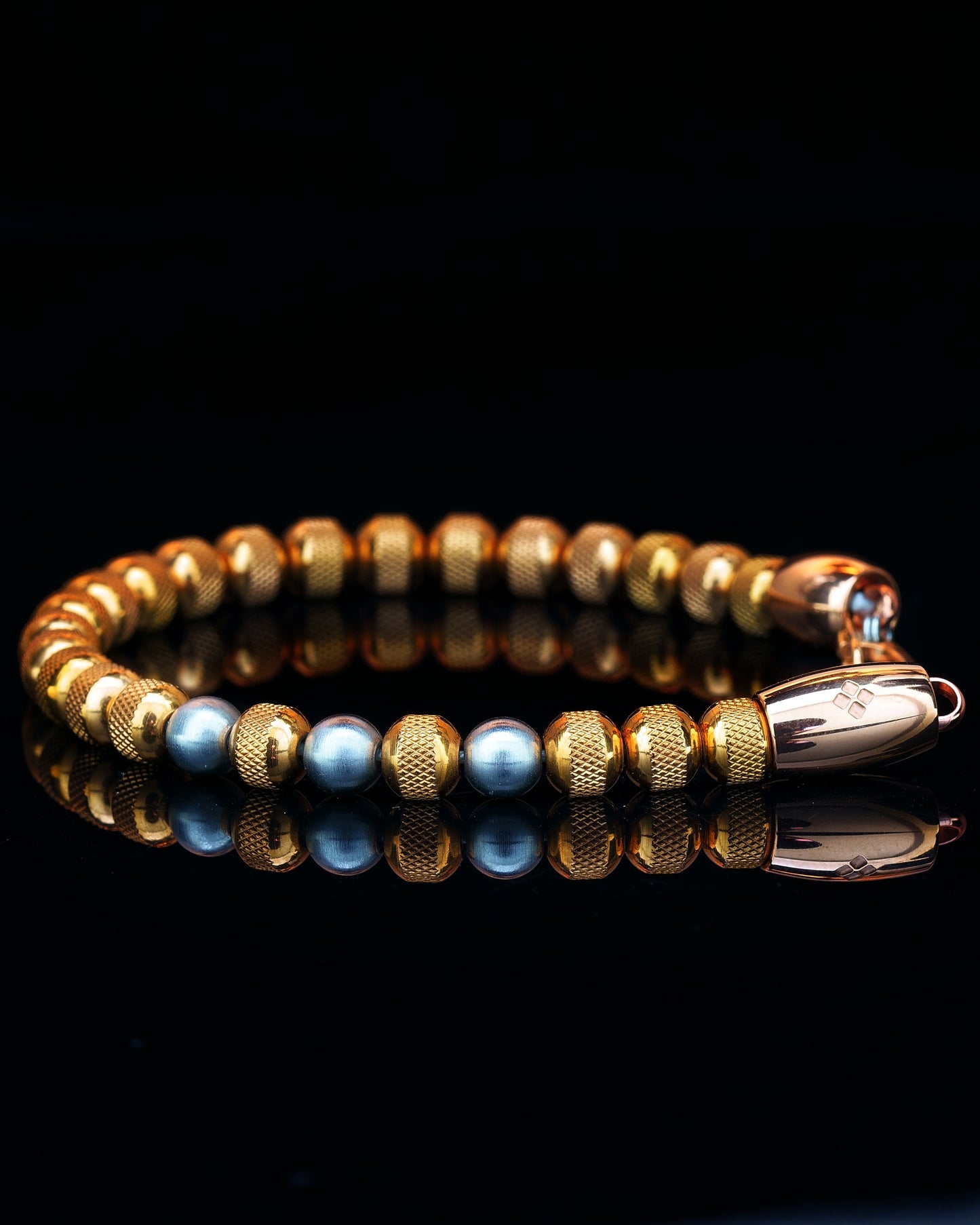 MUDRA BRACELET | ROSE GOLD RUDRAKSHA STEEL | STEEL THREE DOTS