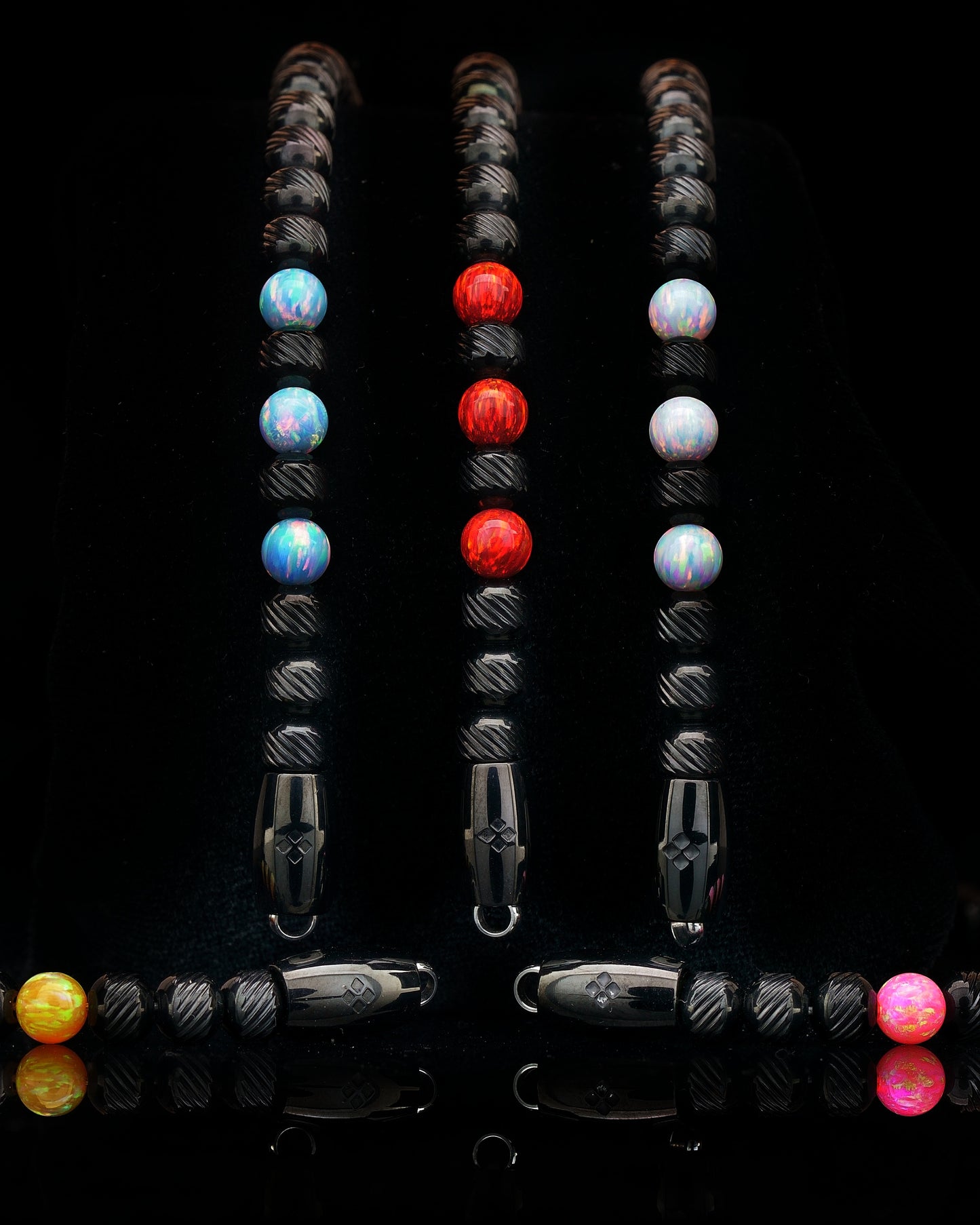 MUDRA BRACELET | BLACK STEEL OBLIQUE TEXTURE | LIGHT BLUE OPAL GEMS