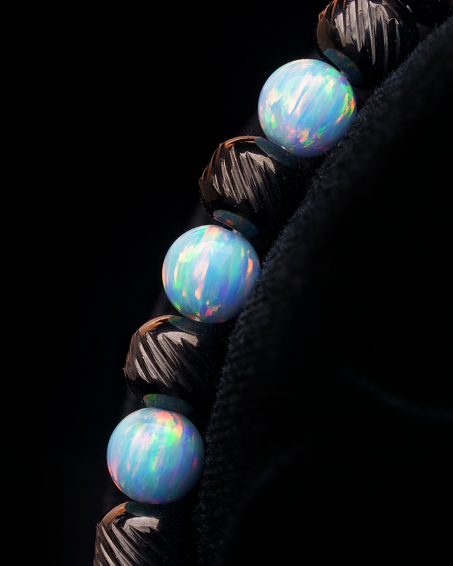 MUDRA BRACELET | BLACK STEEL OBLIQUE TEXTURE | LIGHT BLUE OPAL GEMS
