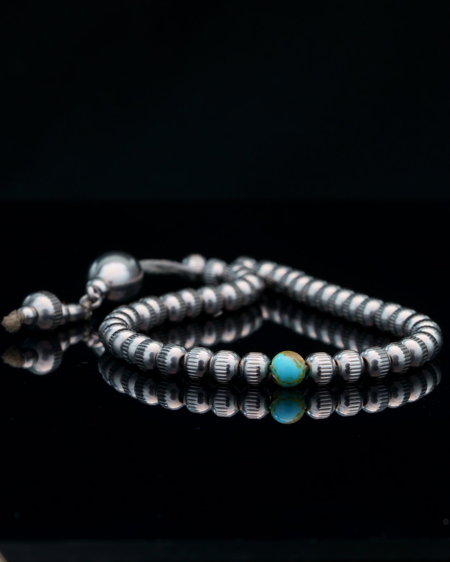 ROYAL MUDRA CHAIN | SILVER STRAIGHT LINE STEEL BEADS | TURQUOISE GEM | 6MM