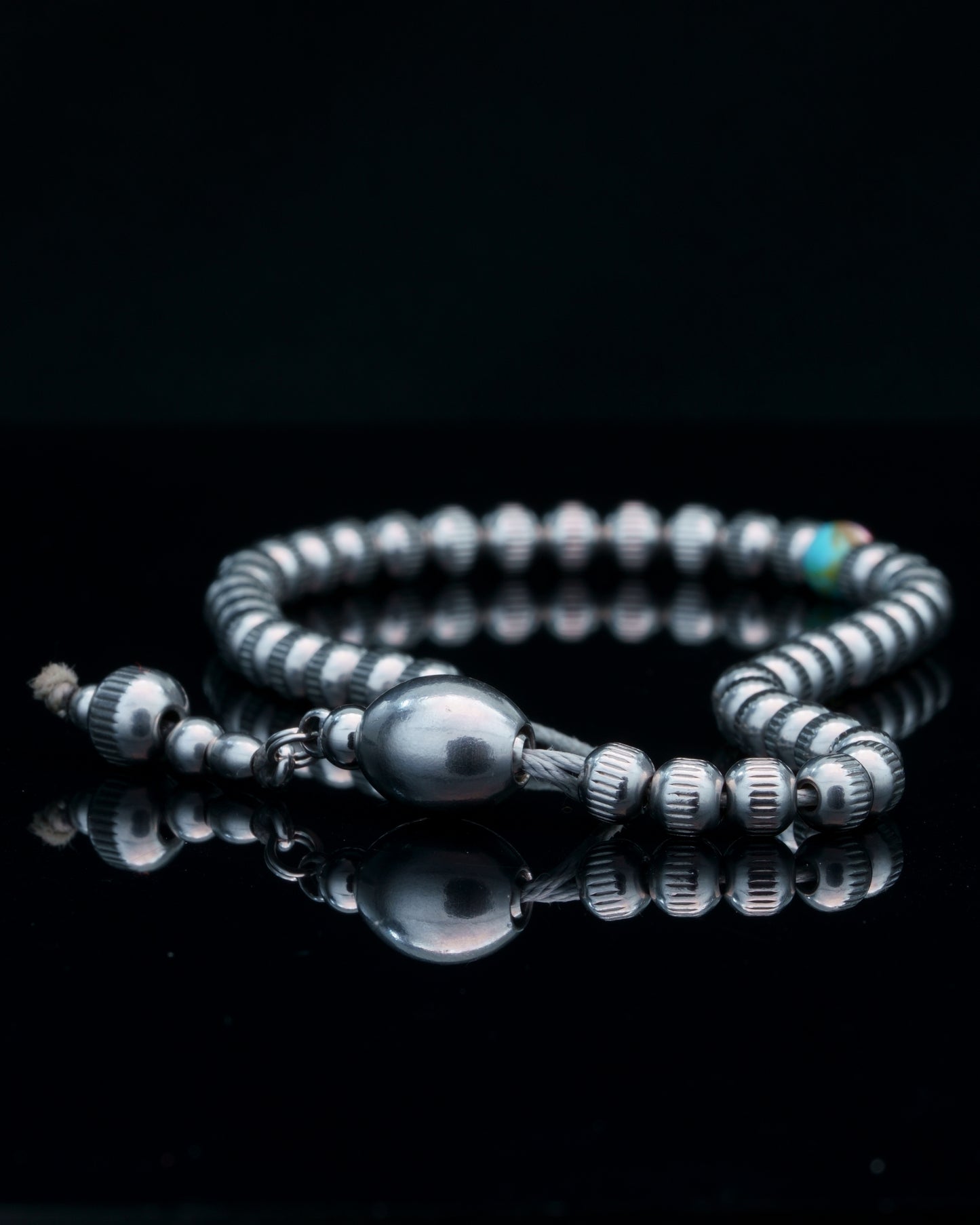 ROYAL MUDRA CHAIN | SILVER STRAIGHT LINE STEEL BEADS | TURQUOISE GEM | 6MM