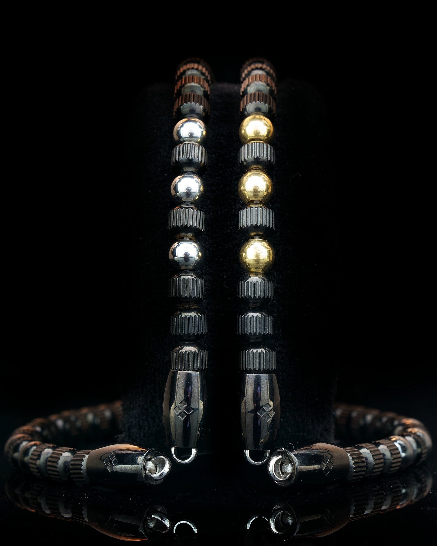 MUDRA BRACELET | BLACK LINED STEEL BEADS | STEEL THREE DOTS