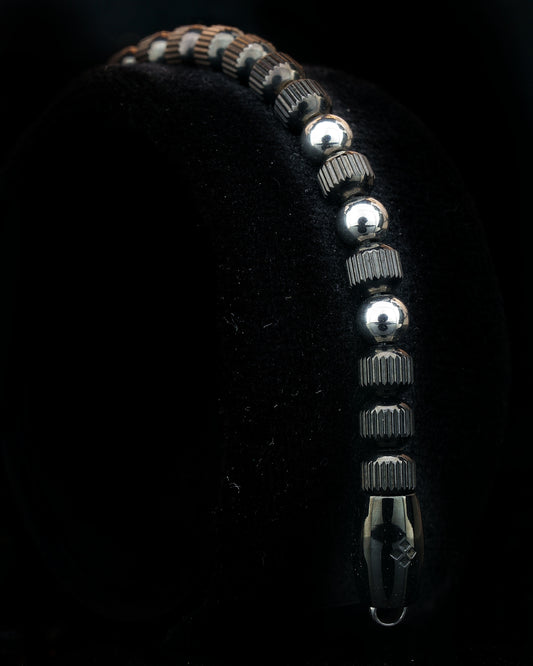MUDRA BRACELET | BLACK LINED STEEL BEADS | STEEL THREE DOTS
