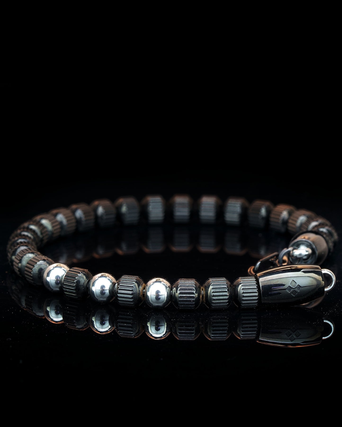 MUDRA BRACELET | BLACK LINED STEEL BEADS | STEEL THREE DOTS