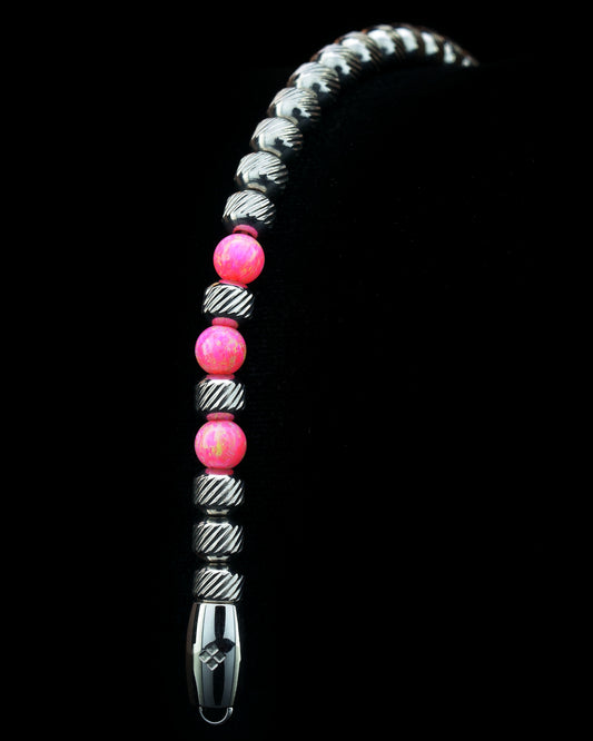Gloss stainless steel bracelet with genuine, Silky Pink three dots gemstones, oblique texture. different kind of closures, clasps 5/6mm, playable for men and women. Mudra chain classic every day jewelry.