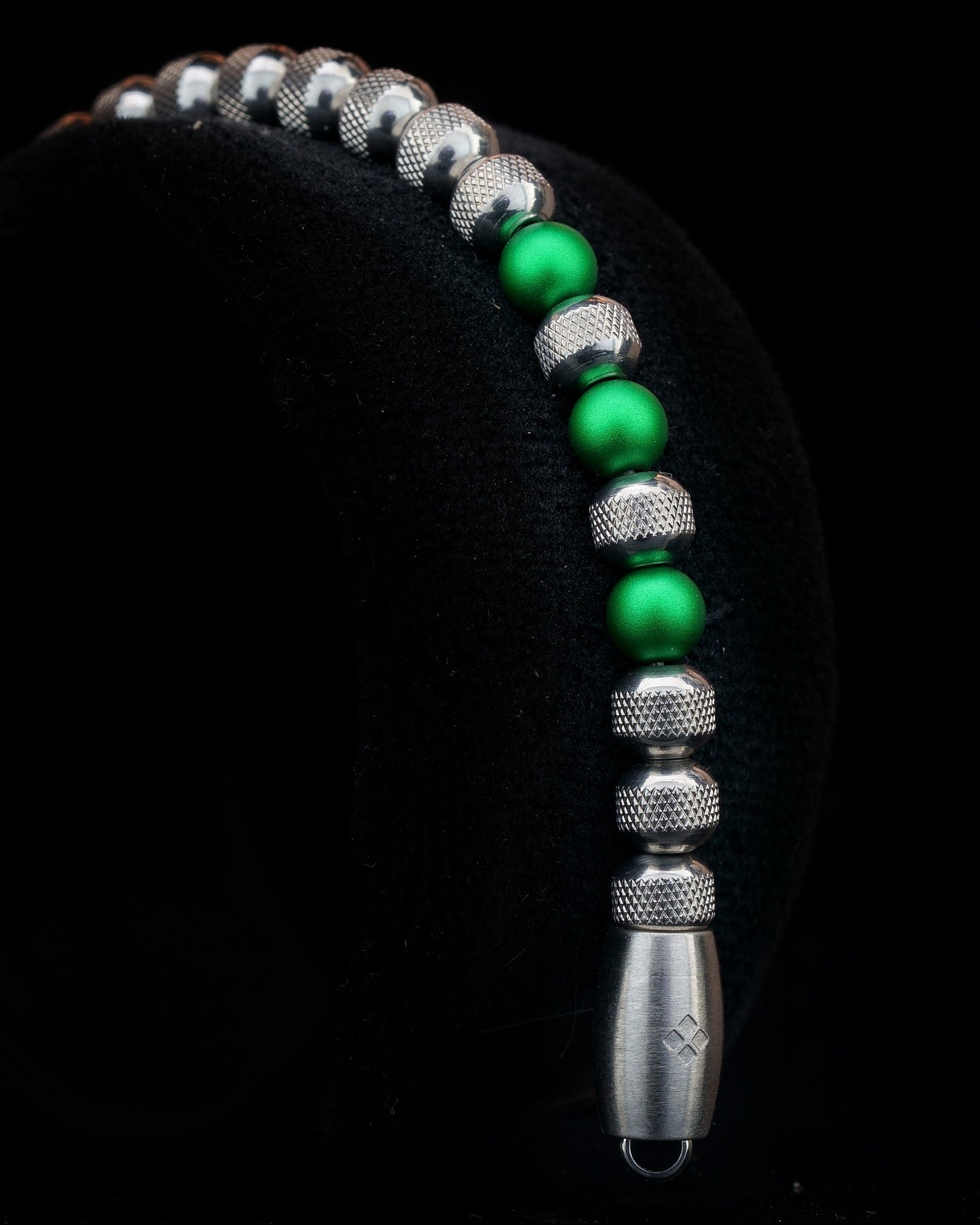 SILVER MAMBA BRACELET⬩ RUDRAKSHA TEXTURE⬩ GREEN ANODIZED ALUMINUM THREE DOTS