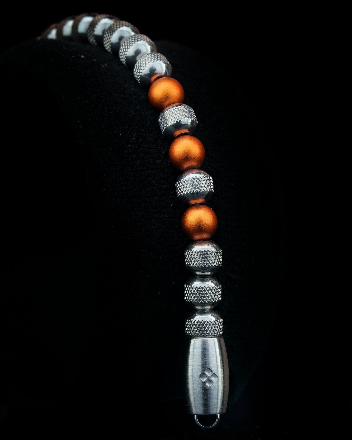 SILVER MAMBA BRACELET⬩ RUDRAKSHA TEXTURE⬩ ORANGE ANODIZED ALUMINUM THREE DOTS