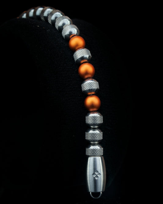 SILVER MAMBA BRACELET⬩ RUDRAKSHA TEXTURE⬩ ORANGE ANODIZED ALUMINUM THREE DOTS