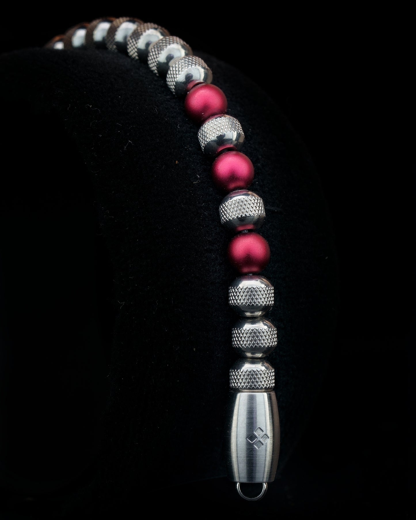 SILVER MAMBA BRACELET⬩ RUDRAKSHA TEXTURE⬩ RED GARNET ANODIZED ALUMINUM THREE DOTS