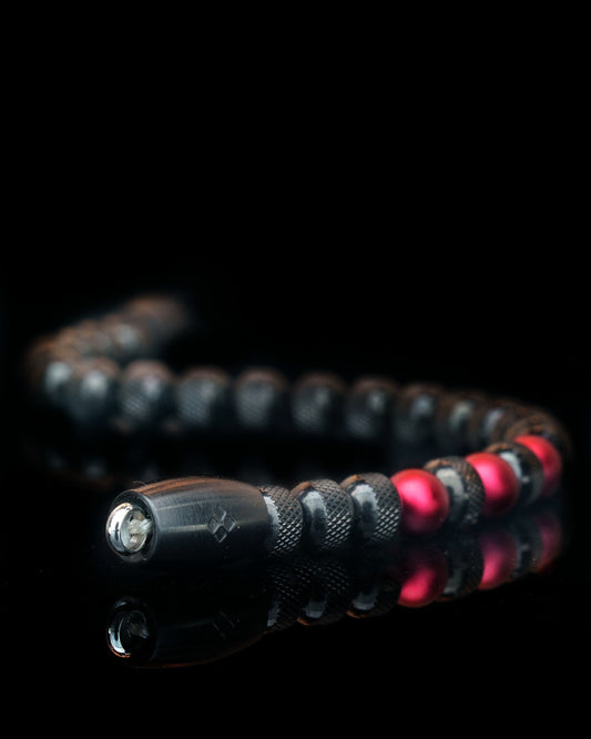 BLACK MAMBA BRACELET⬩ RUDRAKSHA TEXTURE⬩ RED GARNET ANODIZED ALUMINUM THREE DOTS