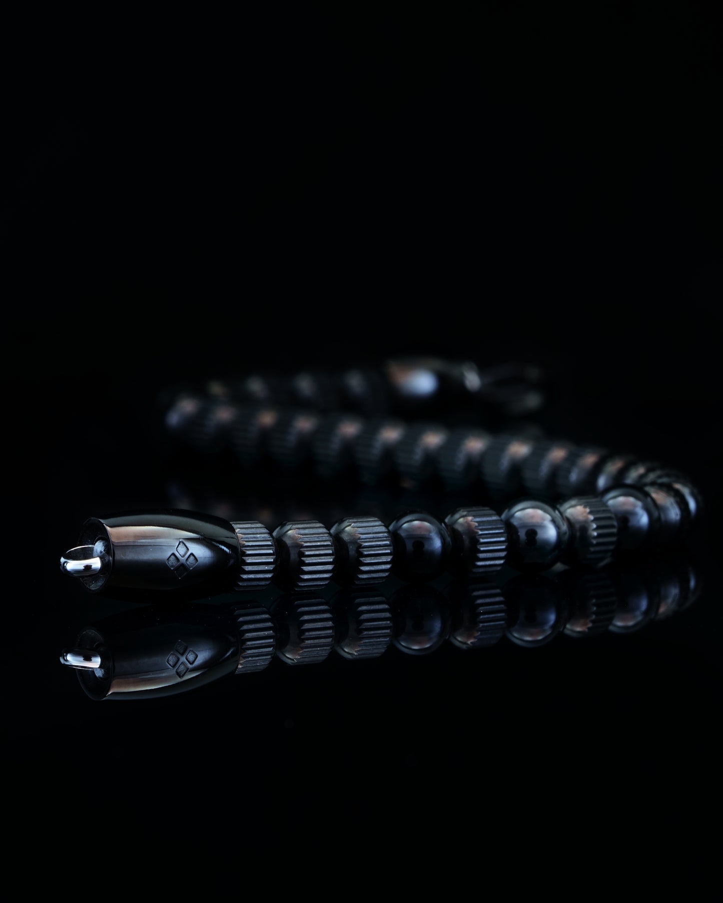 MUDRA BRACELET | BLACK LINED STEEL BEADS | STEEL THREE DOTS