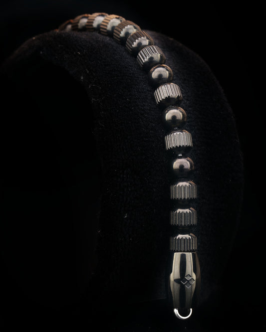 MUDRA BRACELET | BLACK LINED STEEL BEADS | STEEL THREE DOTS