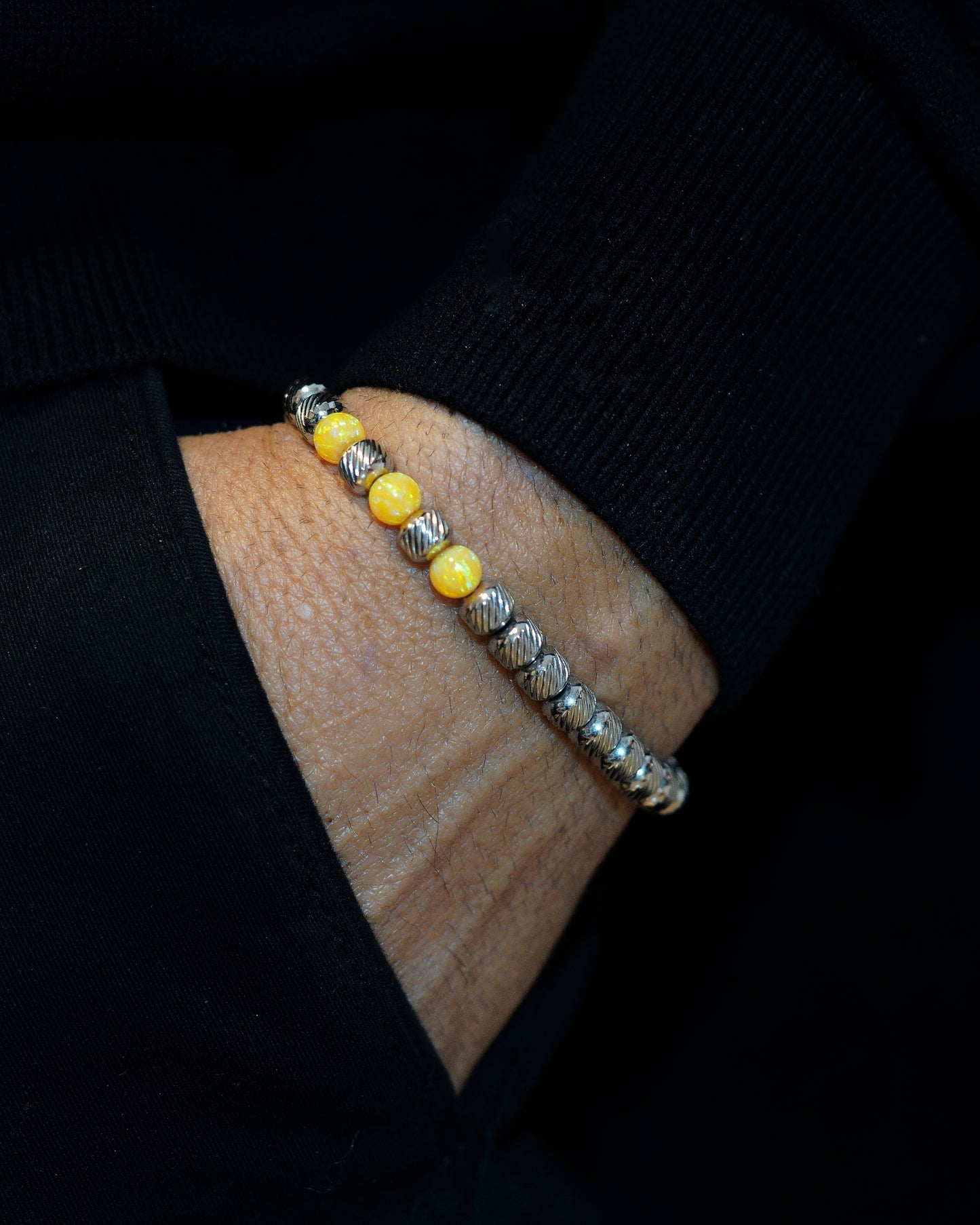 SILVER MAMBA BRACELET⬩ OBLIQUE TEXTURE⬩ SUNNY-YELLOW OPAL THREE DOTS