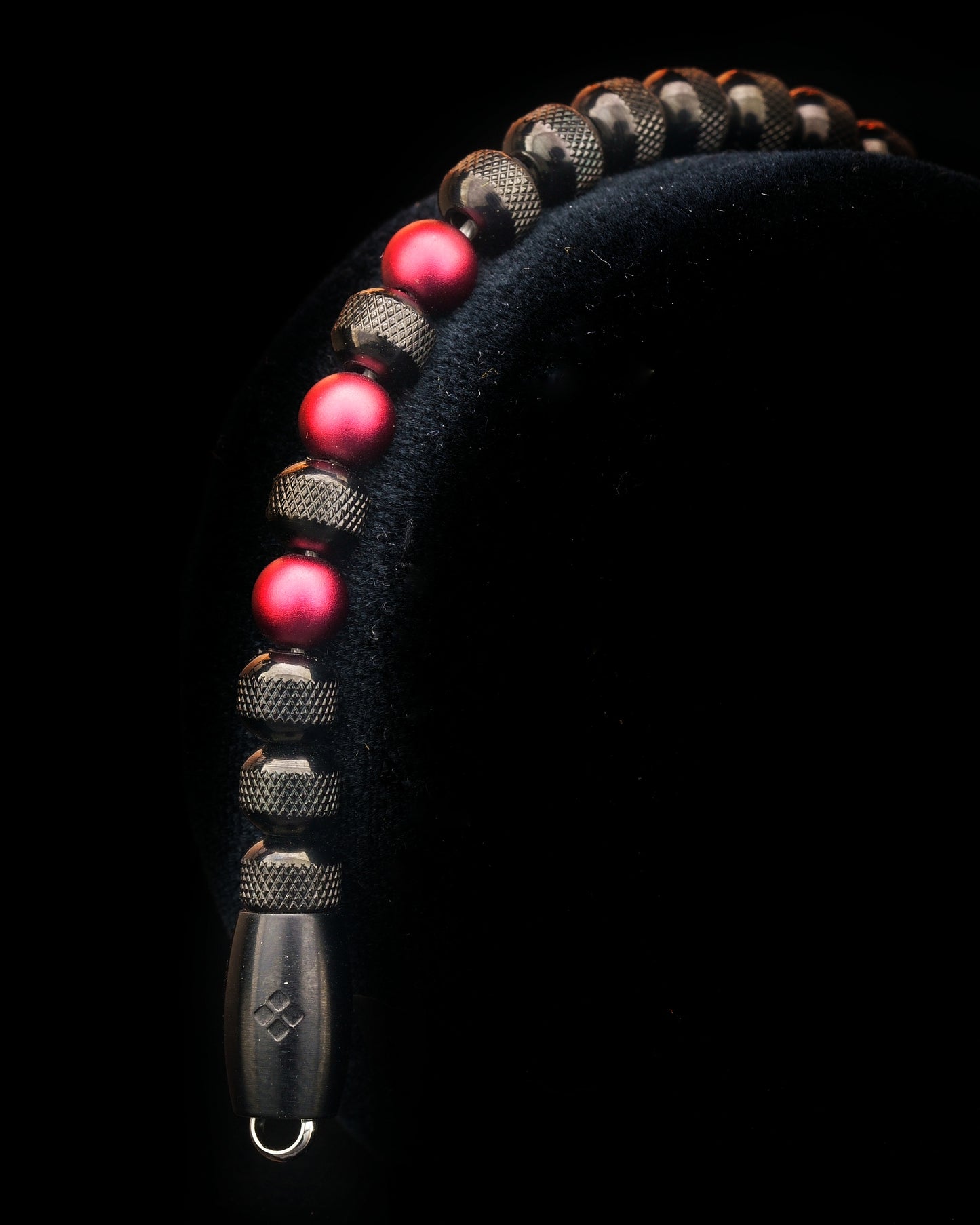 BLACK MAMBA BRACELET⬩ RUDRAKSHA TEXTURE⬩ RED GARNET ANODIZED ALUMINUM THREE DOTS