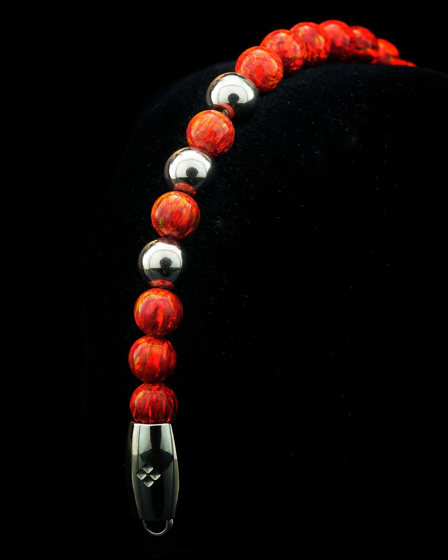 RED MAMBA BRACELET | RED OPAL BEADS | SILVER STEEL 3 DOTS | 6MM