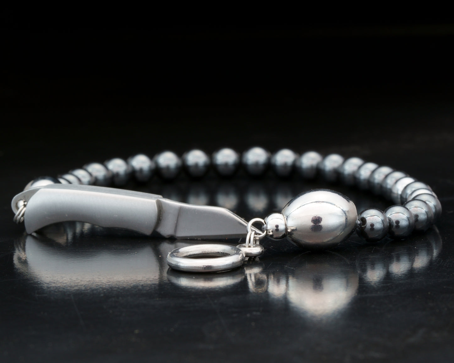 SIKH BRACELET | DARK GRAY HEMATITE STONE | 2 SILVER DOTS