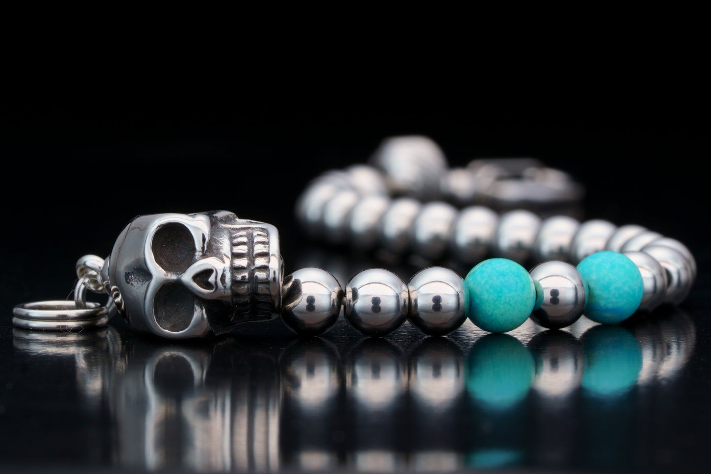 KAPALA BRACELET | SKULL HEAD | SILVER STEEL BEADS | TOURQUIZE GEM | 6MM