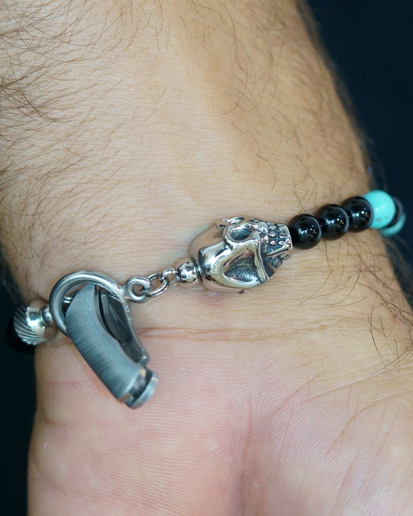 SIKH BRACELET | SKULL HEAD | 2 TURQUOISE GEM | 6MM