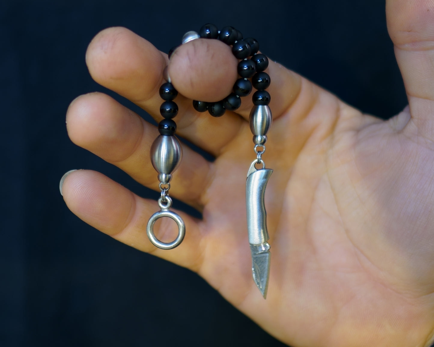 SIKH BRACELET | DZI BLACK STRIP ONYX STONE | 2 DOTS SILVER MATTE STEEL GEM | 6MM