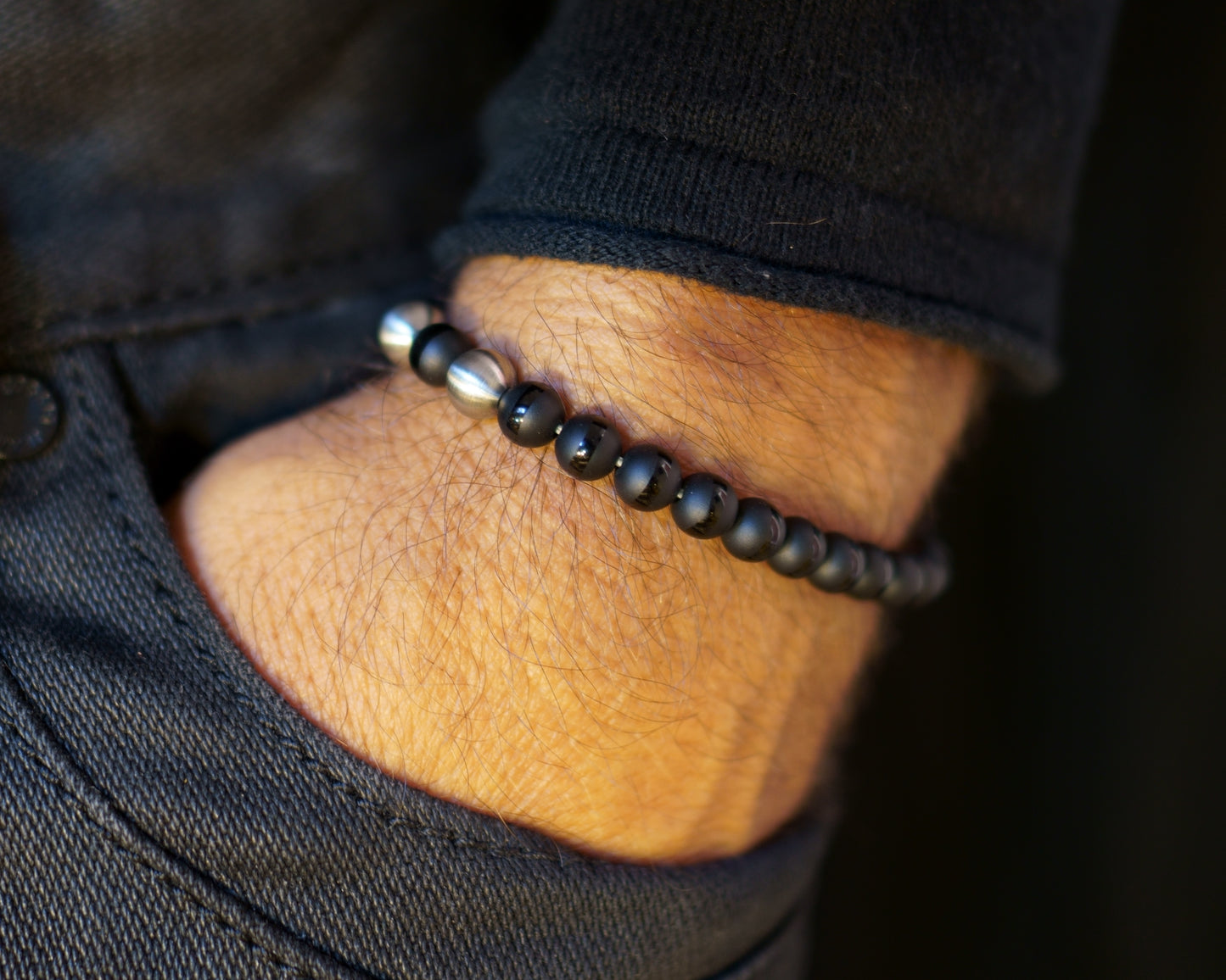 SIKH BRACELET | DZI BLACK STRIP ONYX STONE | 2 DOTS SILVER MATTE STEEL GEM | 6MM