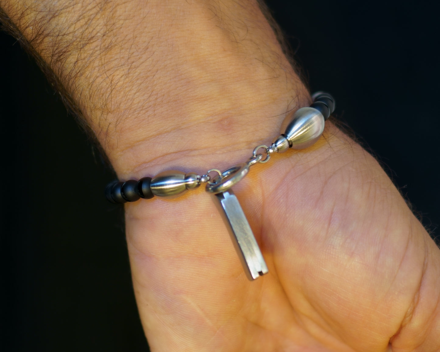 SIKH BRACELET | DZI BLACK STRIP ONYX STONE | 2 DOTS SILVER MATTE STEEL GEM | 6MM